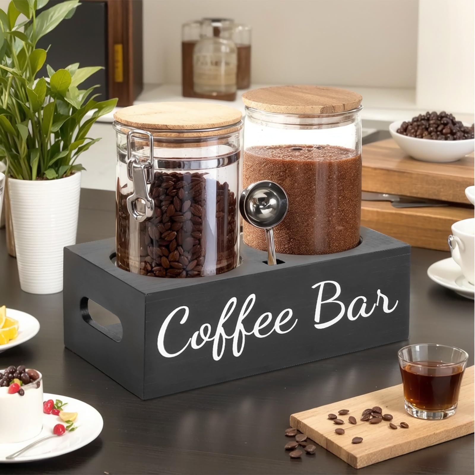 Kaffeedose Luftdicht 1kg Bohnen, 1500ML Elegante Glas-Kaffeebehälter mit 2 verschließbaren Behältern, Luftdicht Aufbewahrungsdose mit Regal Löffel für Kaffeebohnen, Kaffee Tee Zucker Nüsse