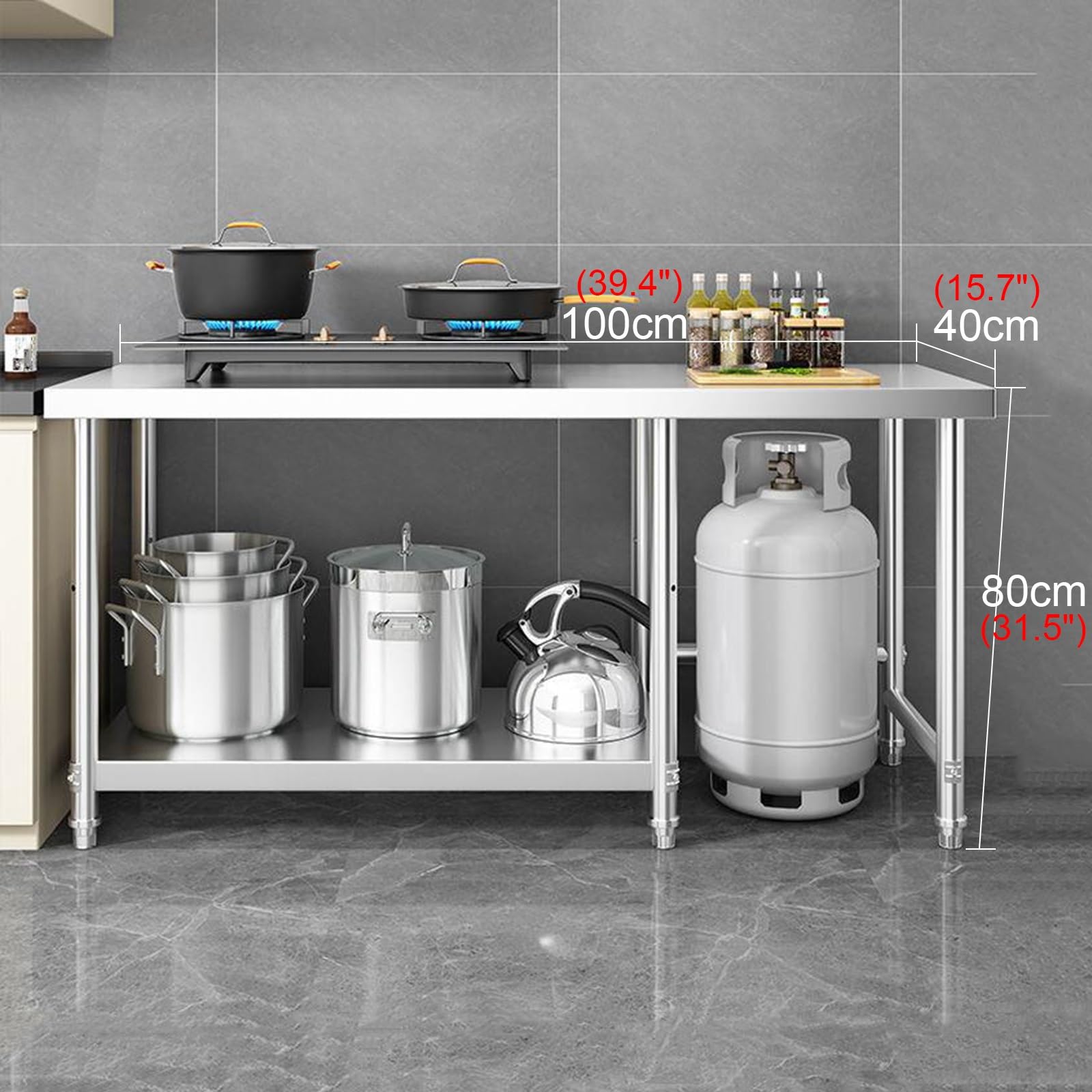 Banco de Trabajo de Acero Inoxidable, Soporte Sólido para Encimera, Mesa de Preparación de Cocina Comercial, Mesa de Metal Multifuncional de Doble Capa, Tabla de Cortar, Práctico Estante de A