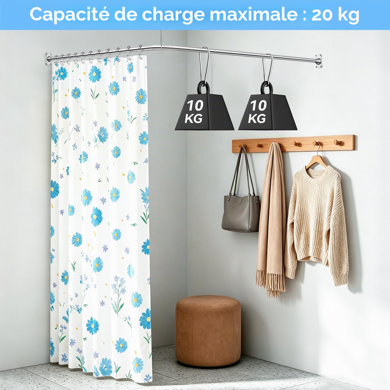 Tringle à rideau de douche en forme de L, 100-120 x 100-190 cm, barre de douche réglable, SUS304 en acier inoxydable SUS304 Rail de rideau de douche d'angle, tringle de douche avec 16 anneaux