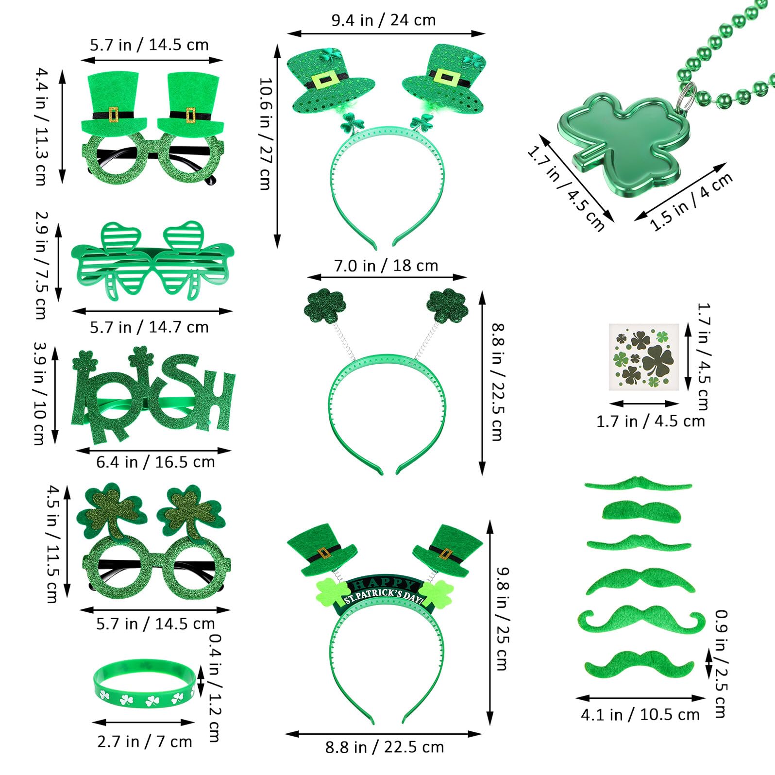 GLEAVI Kit Festa San Patrizio 91 Pezzi con Occhiali, Cerchietti, Collane Trifoglio, Braccialetti e Adesivi per Travestimenti, Accessori per Party a Tema, Carnevale e Servizi Fotografici
