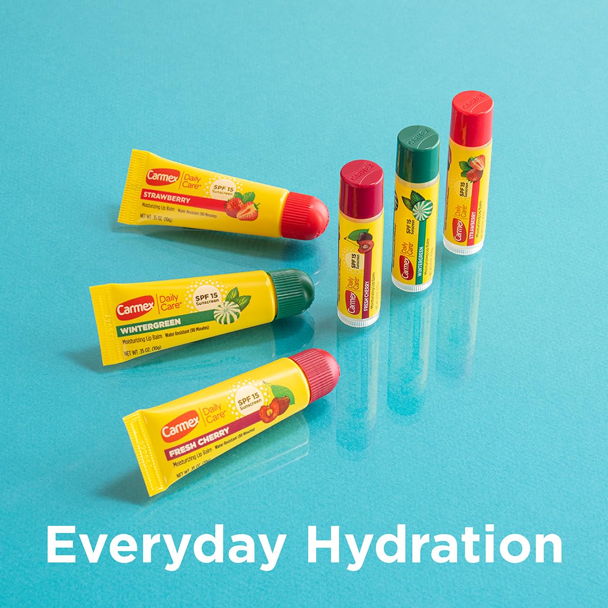 Carmex - Ein Beutel mit 9 feuchtigkeitsspendenden Lippenbalsam mit Carmex Daily Care Sonnencreme, inklusive Wintergreen, Fresh Cherry und Strawberry Lippenbalsam (3 Tuben, 6 Riegel)