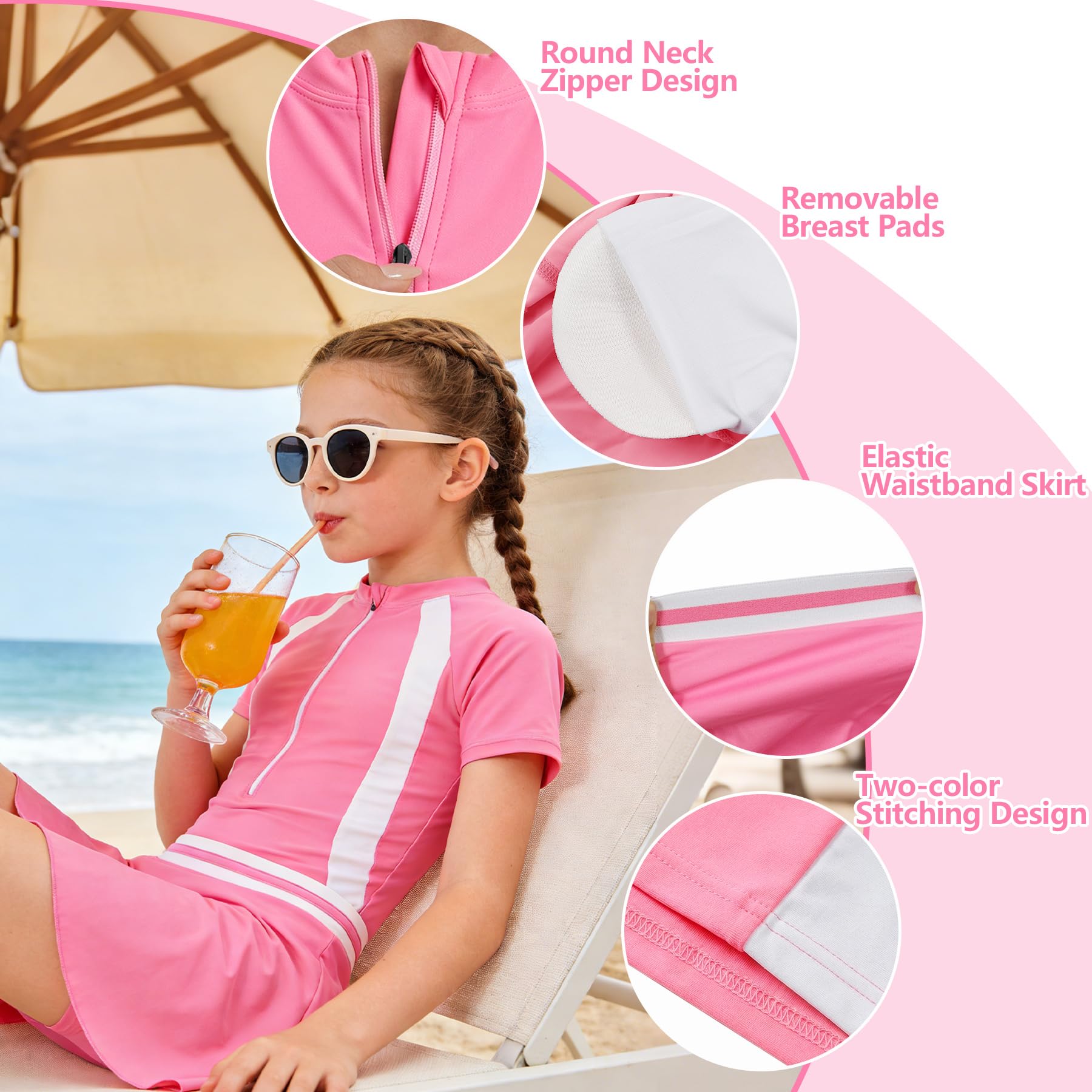 Maillot de Bain 3 en 1 pour Filles - Maillot de Bain Une Pièce à Manches Courtes avec Jupe et Bonnet de Bain, Séchage Rapide Plage Piscine Surf Maillots pour Enfants 4-12 Ans