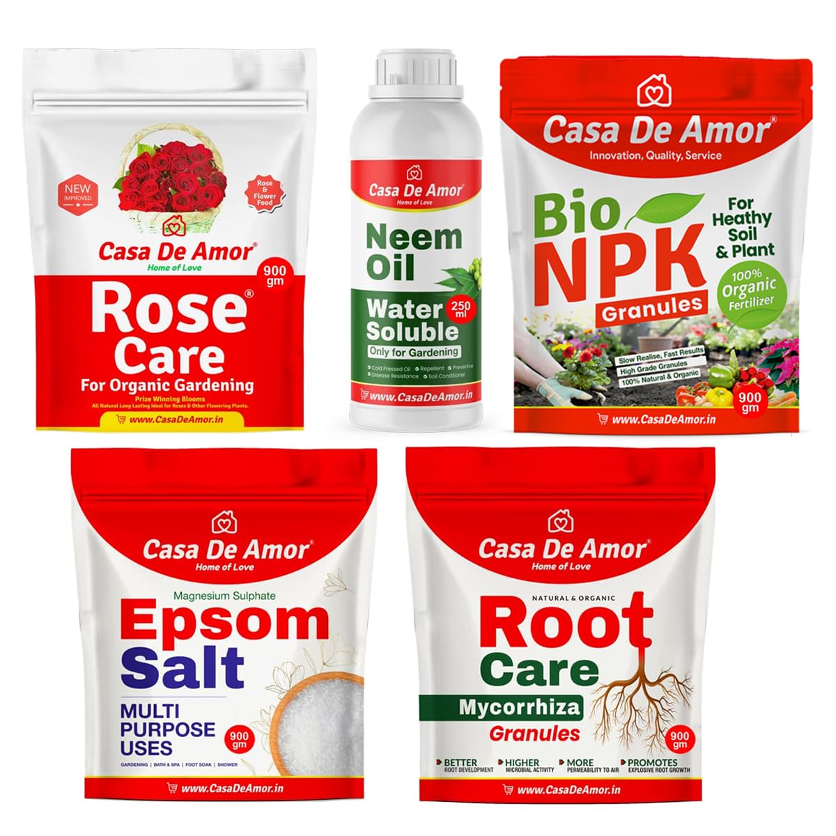 Casa De Amor Rose Care (900gm) | Water Soluble Neem Oil 250 ml | Bio NPK Granules 900 gm | Epsom Salt 900 gm | Root Care Mycorrhiza 900 gm for Organic Gardening Combo (1 Pack of 5 Items) (B0BJVLHPFS) Amazon Price History, Amazon Price Tracker