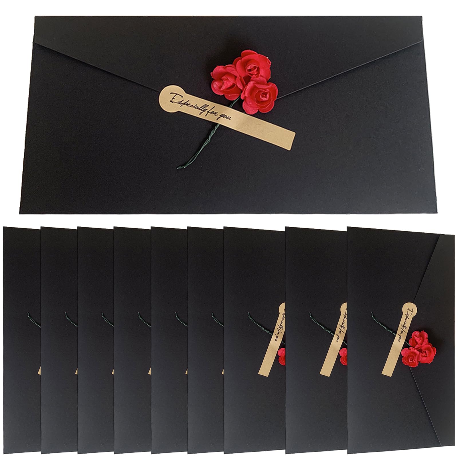 10PCS Retro Kraft Paper Gift Envelopes with Handmade Dried Flower Blank Long Invitation Envelopes V Flap Money Envelope with Sticker Handmade Paper Fancy Envelope for Wedding Festival Party