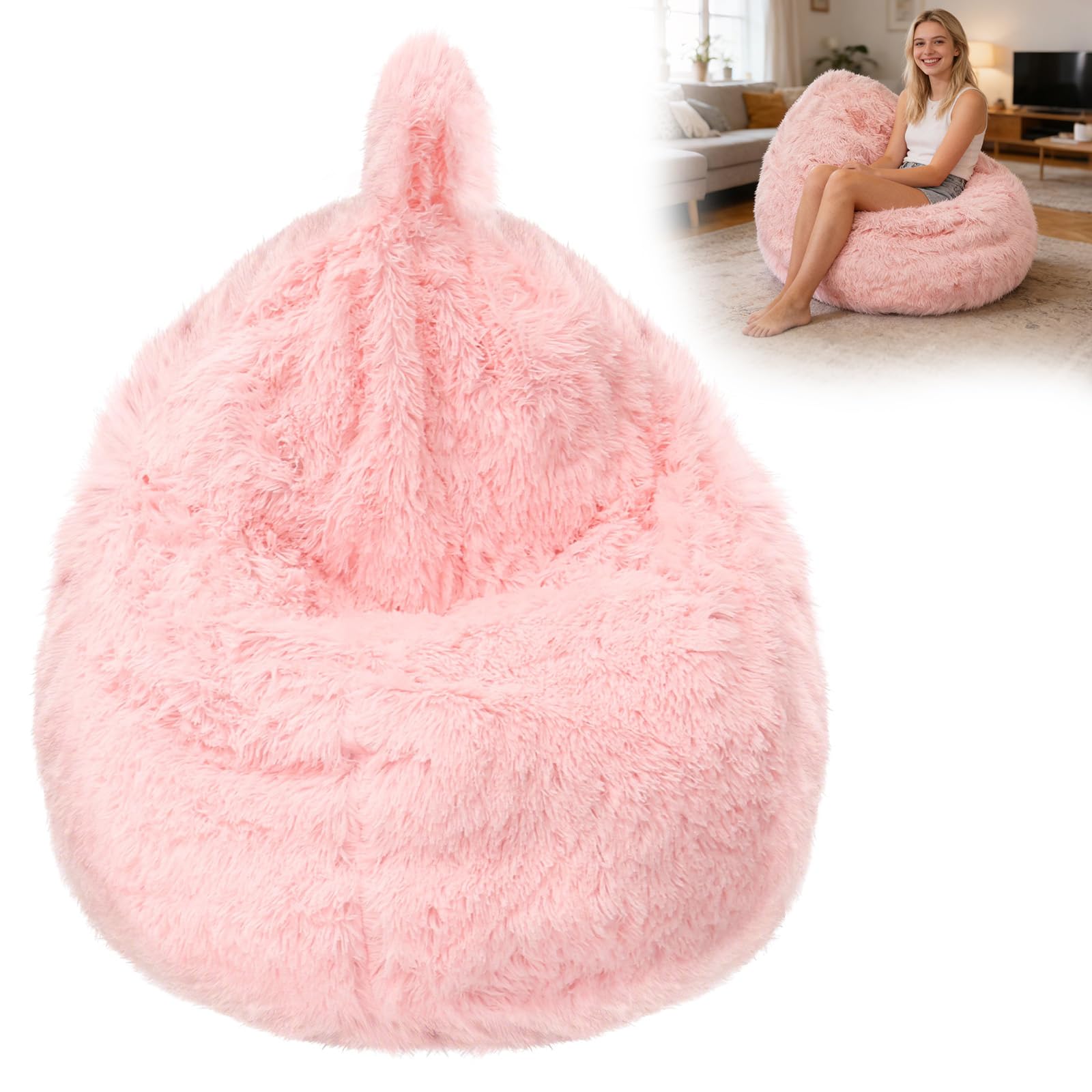 Kids Fluffy Faux Rabbit Fur Bean Bag Chair Cover (No Filler), Soft Fuzzy Stuffed Animal Storage Bean Bag for Plush Toys, Cute Shaggy Furry Beanbag Cover with Handle for Kids Adults(Pink)