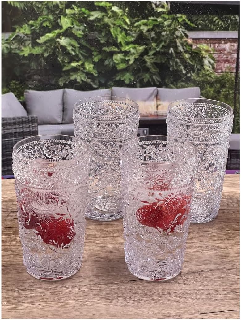LeadingWare Paisley Acrylic Glasses Drinking Set of 4 Hi Ball (17oz), Plastic Drinking Glasses, BPA Free Cocktail Glasses, Drinkware Set, Drinking Water Glasses