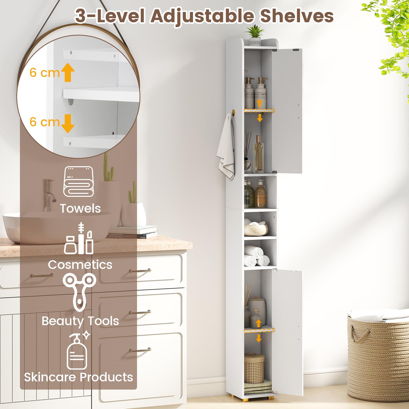 GIANTEX Armadietto da bagno da 179 cm, con 2 ante, 3 ripiani aperti, ganci e porta carta igienica, 20 x 20 cm, per ufficio, cucina e corridoio (3 ripiani, bianco)