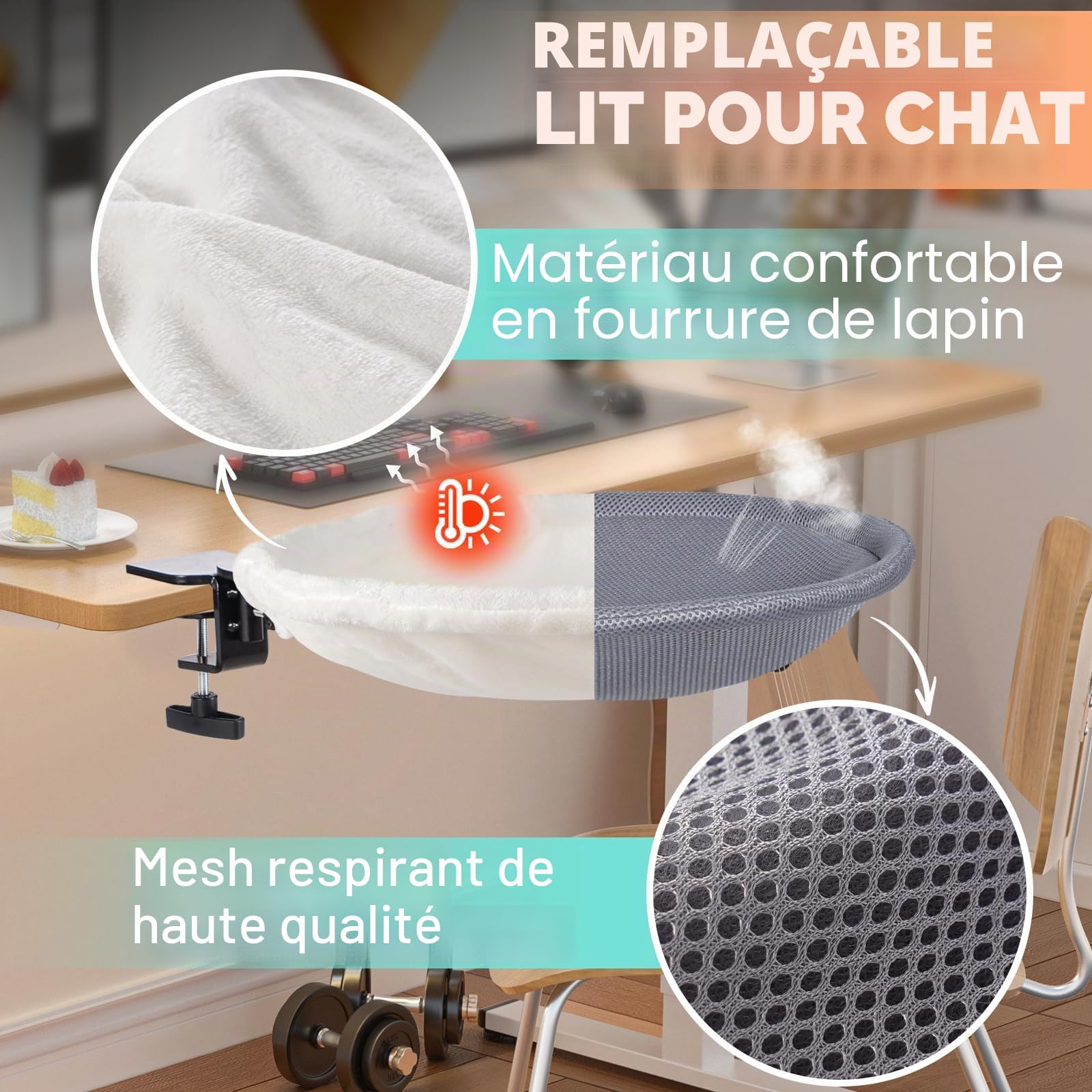 Uross Lit pour chat pour bureau - Pivotant à 360° et réglable en hauteur - Hamac souple pour chat avec 2 housses lavables - Espace de couchage pour chat pour le bureau à domicile - Utilisation toute