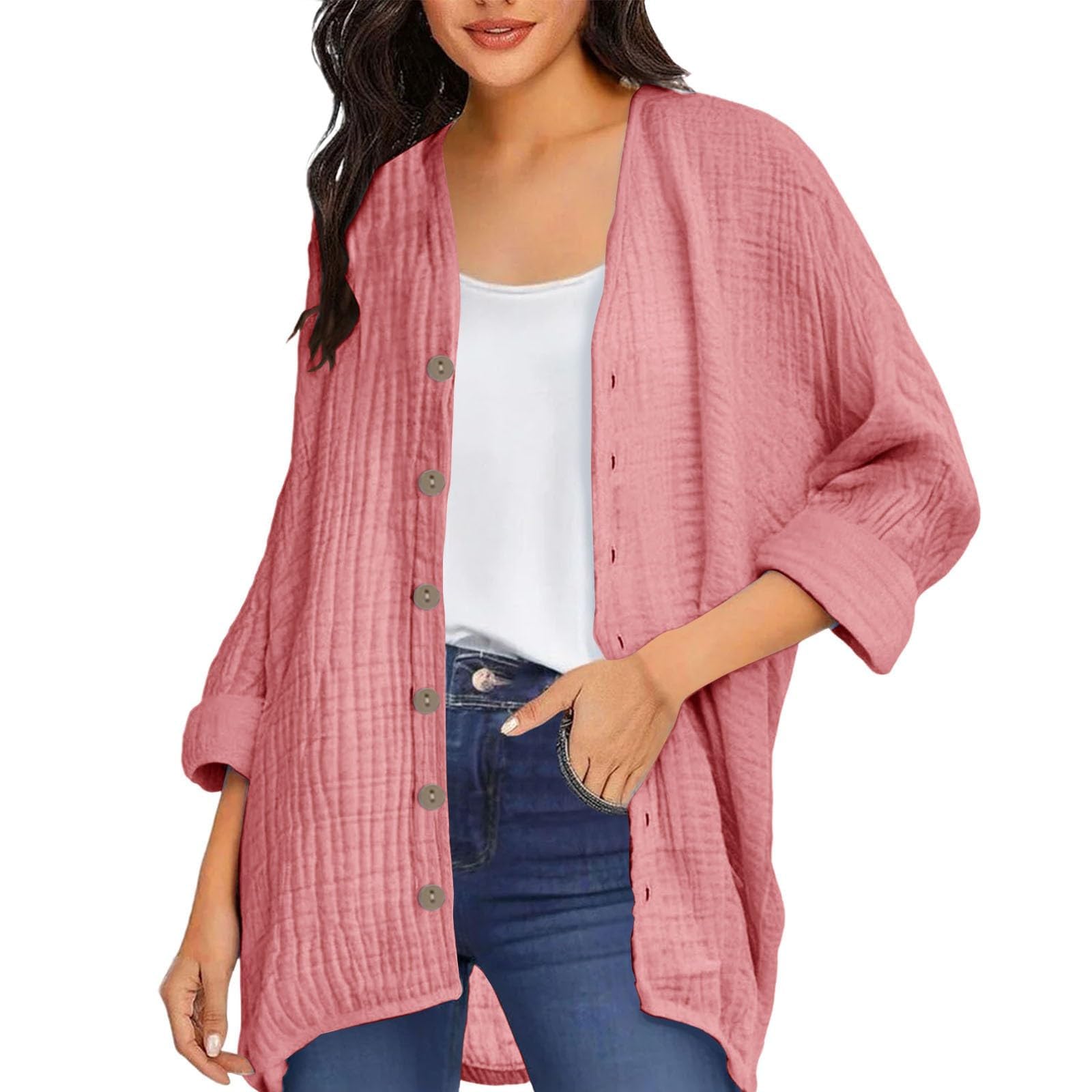 Womens Open Front Cardigan Shirt Soft Cotton Linen 3 4 Sleeve Lightweight Coat Casual Solid Color Button Loose