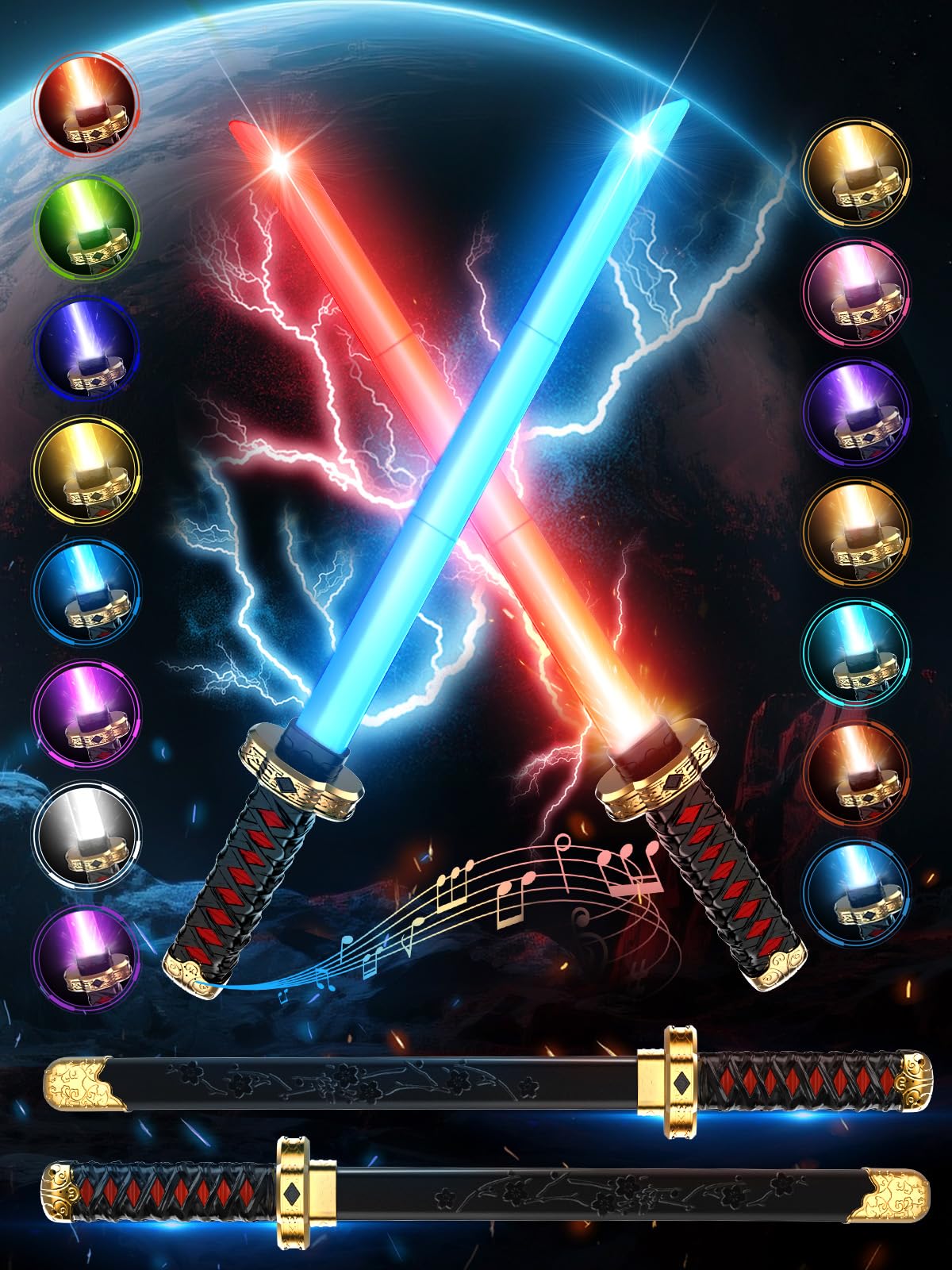 VATOS 2 Sabres Laser Ninja pour Enfants, LED Ninja Sword RGB 15 Couleurs avec étui et Effets Sonores de Combat, Jouets Sabres Laser Rechargeables par USB pour Cosplay, Noël, Halloween et Fans d'anime