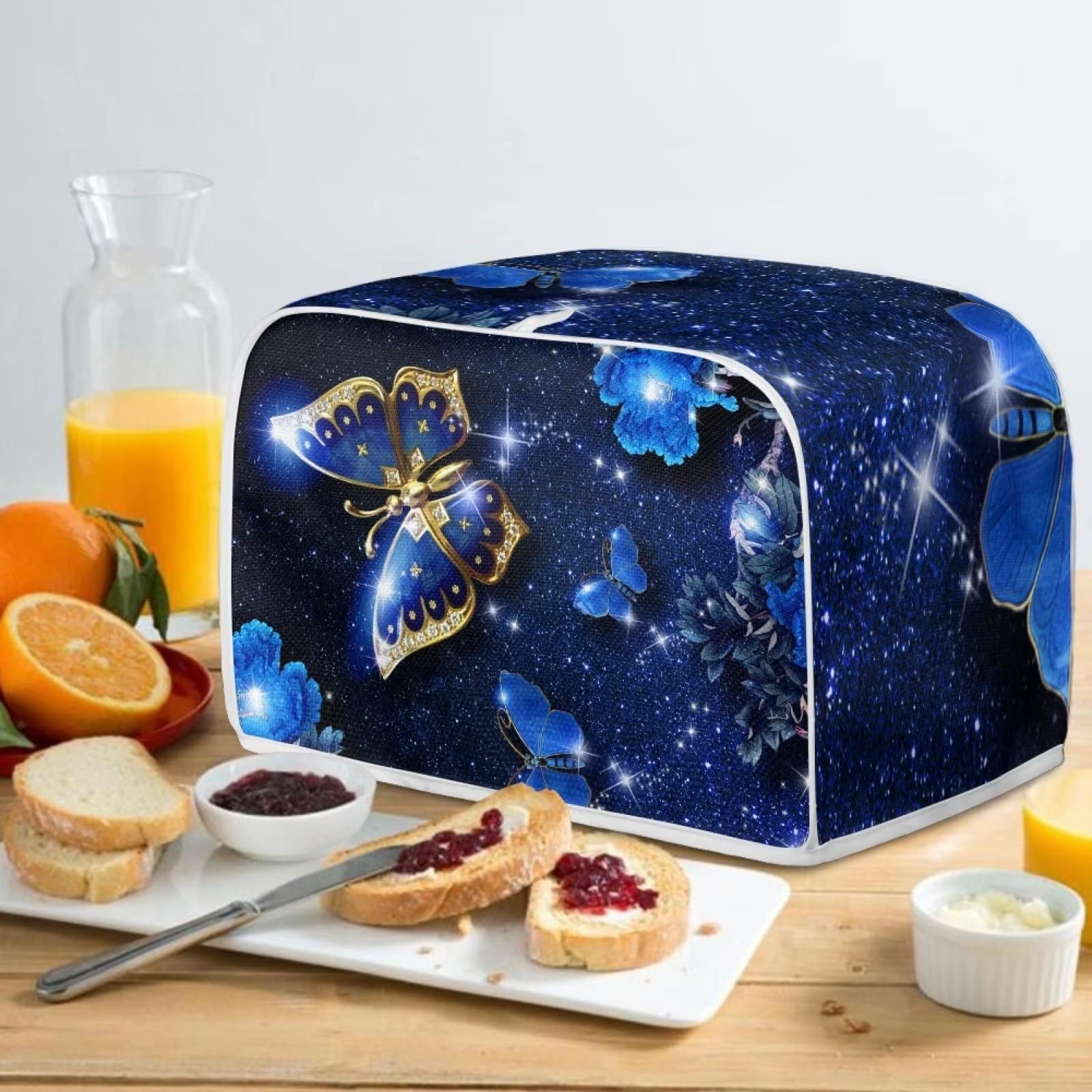 COEQINE Copertura Antipolvere Per Tostapane 4 Fette Con Maniglie - Modello Farfalla Blu Bling - Taglia M (31,5x26,9x20,8 Cm) - 5