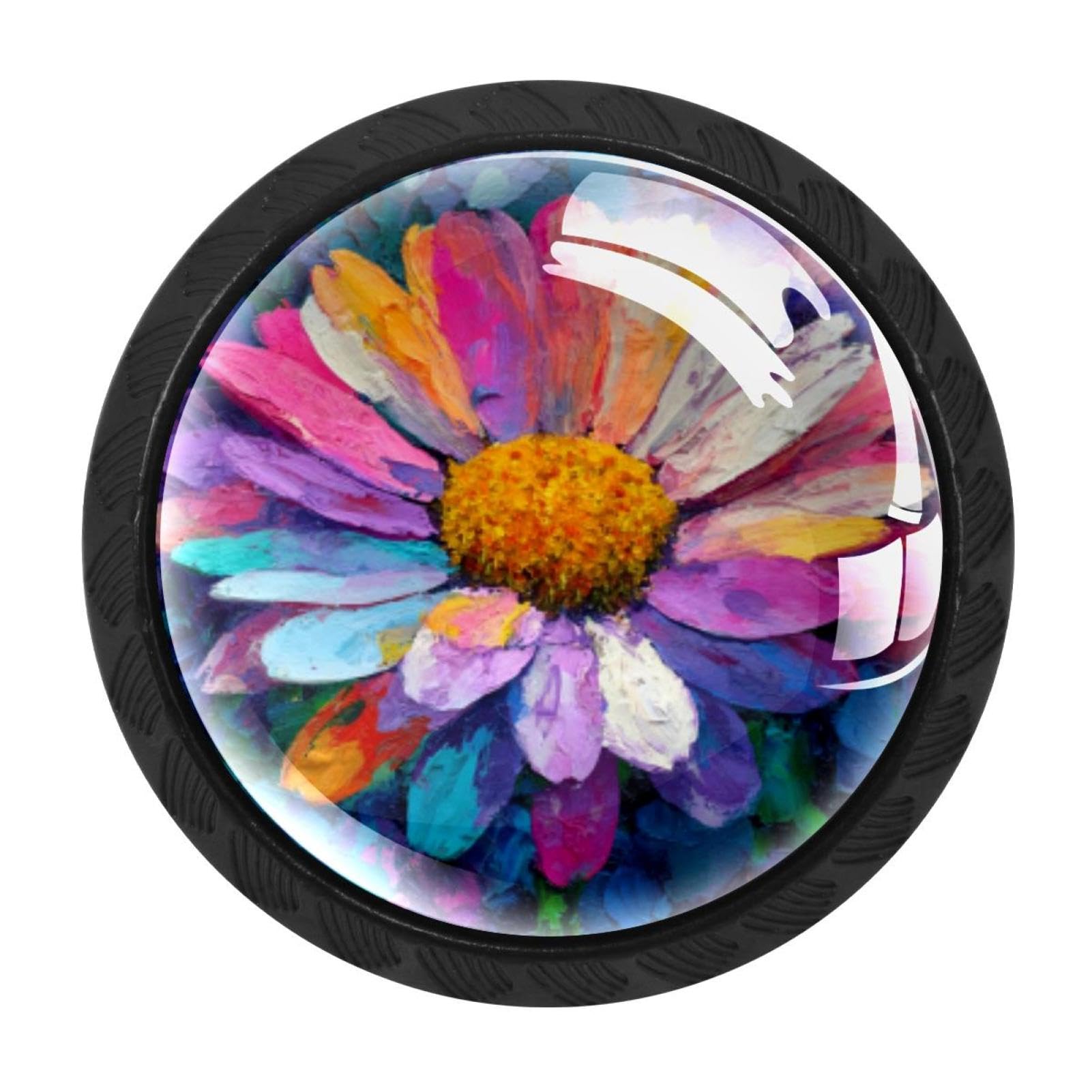 CHENZZZZ 4 Pack Colorful Daisy Dresser Drawer Cabinet Knobs Black Round Drawer Knob Pull Handle with Screws for Kitchen Wardrobe Cupboard Furniture Decor