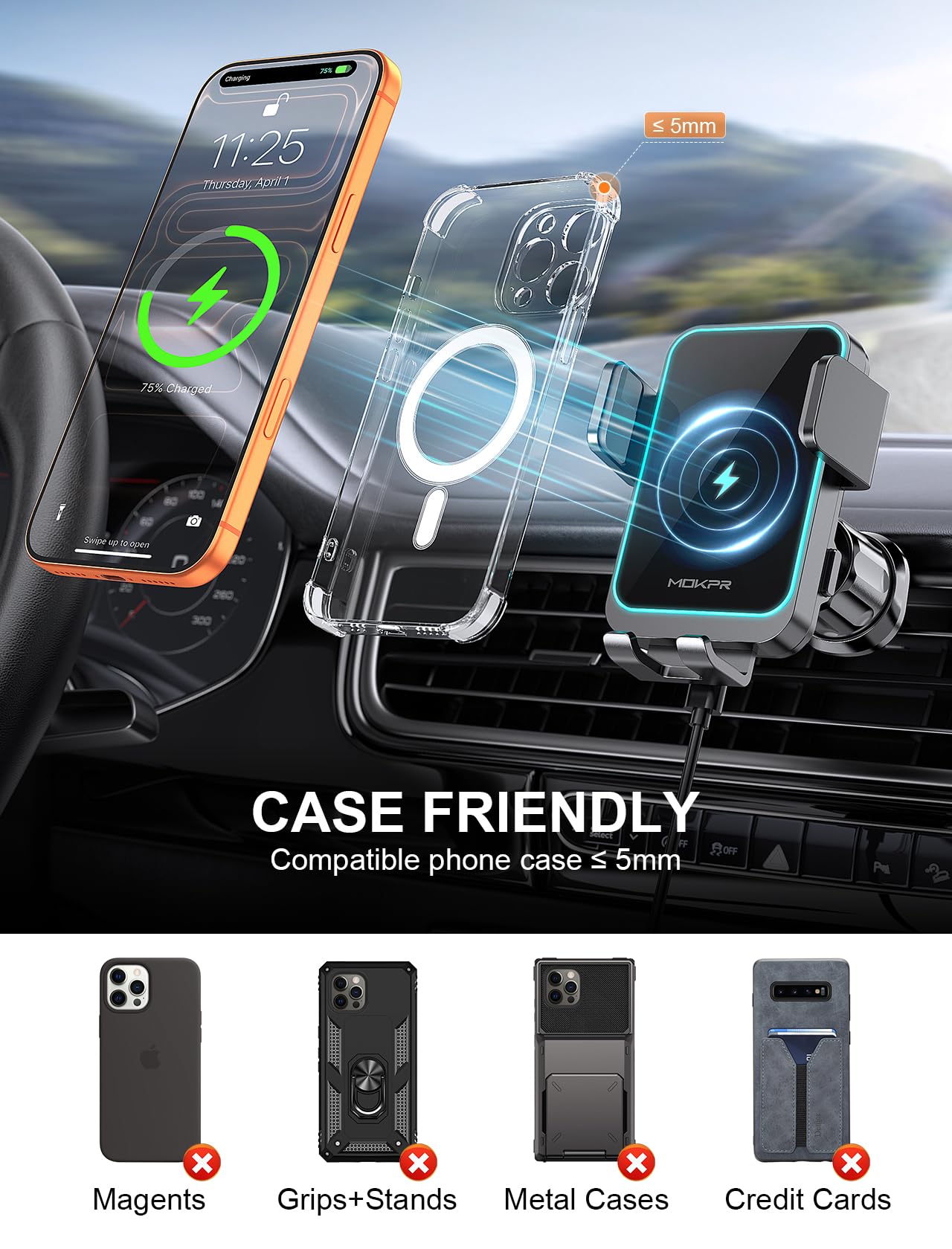MOKPR Handyhalterung Auto mit Ladefunktion, 15W Induktive Ladestation Auto Entlüftung Armaturenbrett Windschutzscheibe für iPhone 16/15/14/13/12 Serie&Samsung S24/23/22 LG mit LED-Licht (Schwarz)