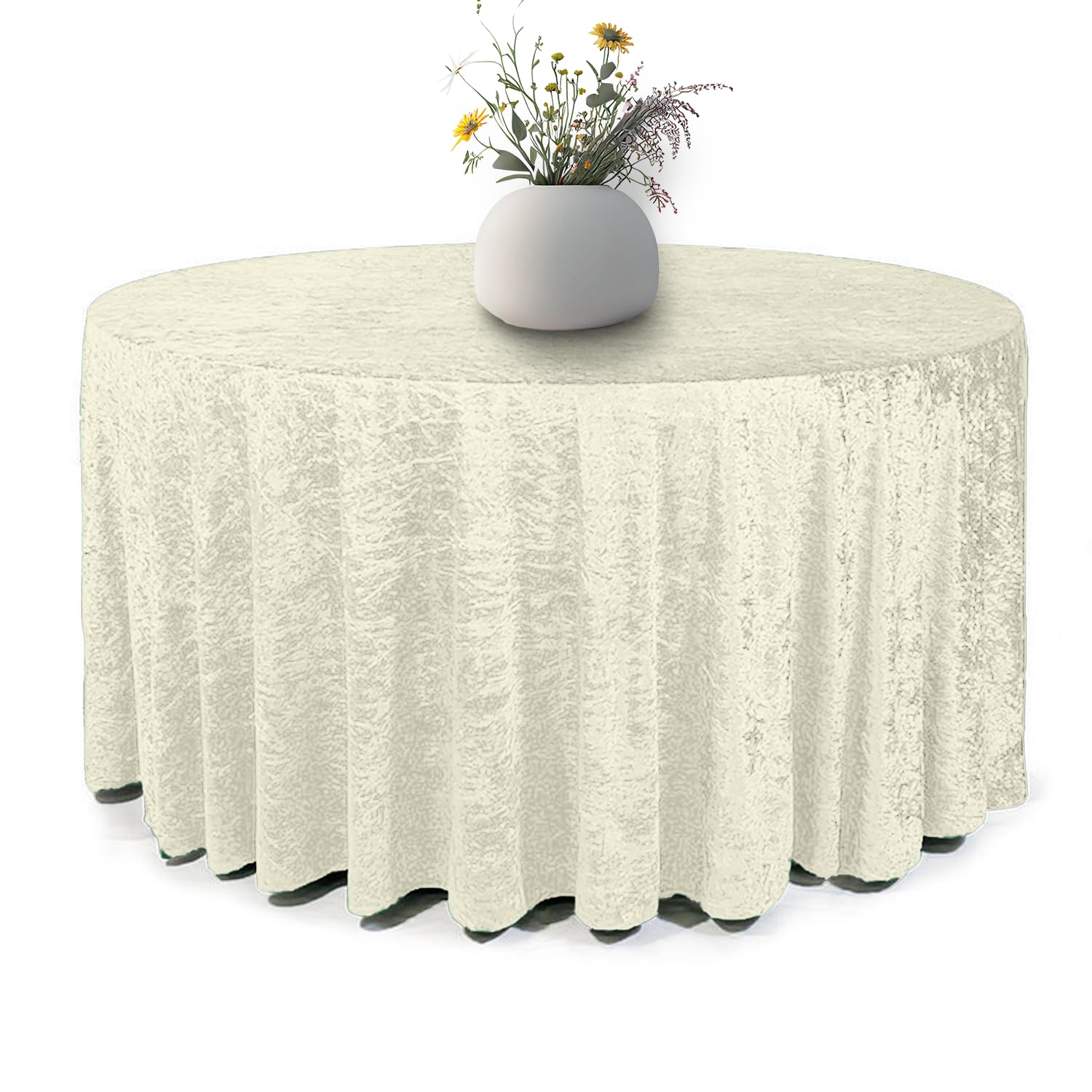 Elegant Event Essentials - Round Crushed Velvet Table Cover - Table Cloth For Wedding Events, Banquet, Kitchen, Birthday, Dinner Party - Soft Fabric - Wrinkle-Resistant - Ivory - 120 Inch (300 cm)
