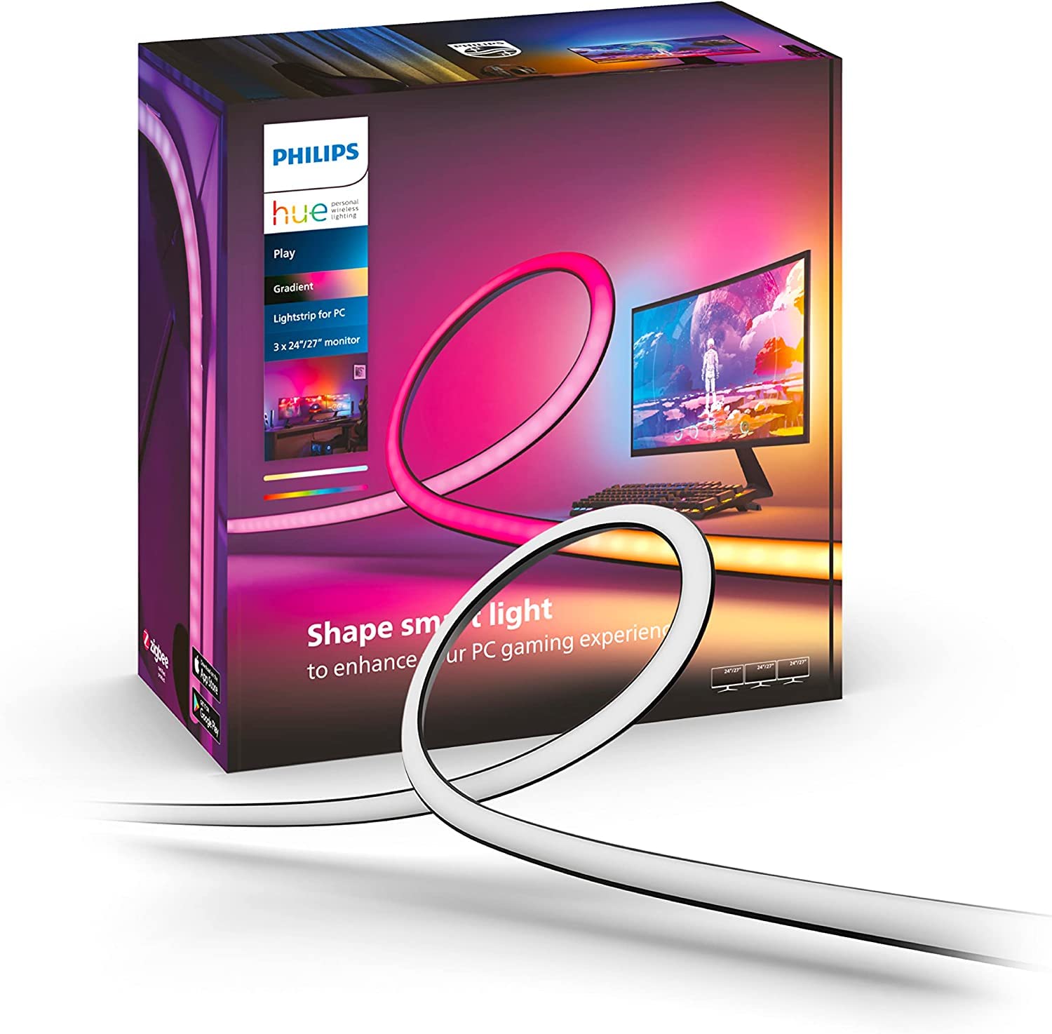Philips Hue - Set de 3 Tiras de led Hue Play Gradient para PC, 24-27", Luz Blanca y de Colores, sincroniza con el contenido de la pantalla