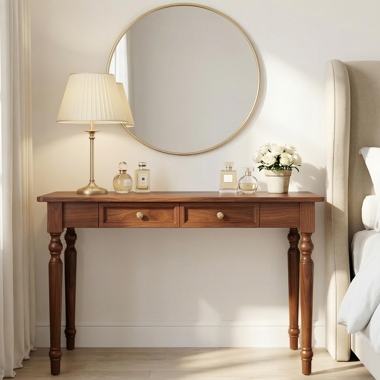 Schreibtisch Massivholz Landhausstil, 100 cm Sekretär Vintage Walnuss, Gummibaumholz Computertisch mit Schubladen, Konsolentisch für Home Office & Schlafzimmer