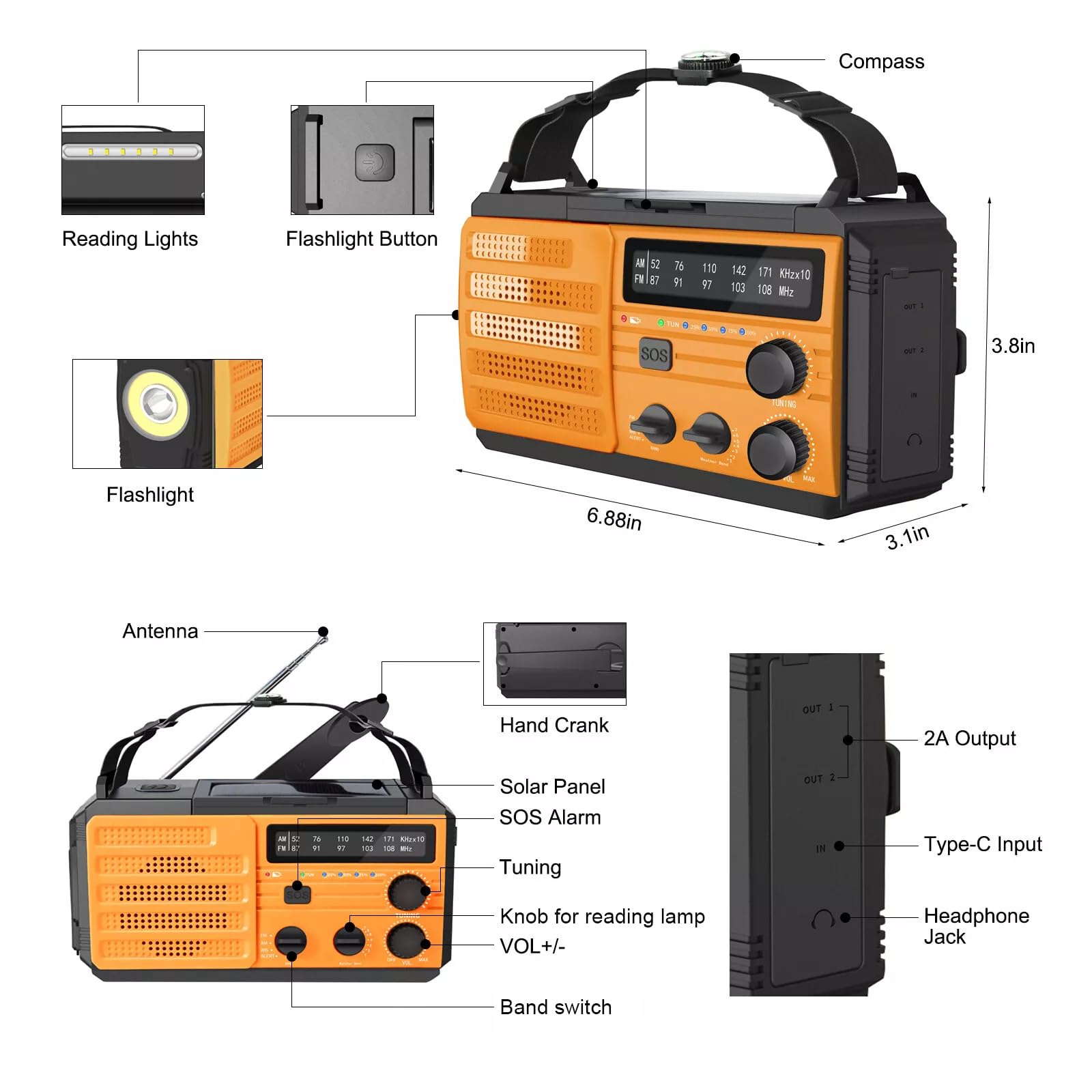 Radio Portatile Emergenza FM/AM, Radiolina a Manovella Dinamo, Radio Solare Piccola con Batteria Ricaricabile da 8000mAh, Allarme SOS e Torci, Lampada da Lettura, Power Bank per Emergenze