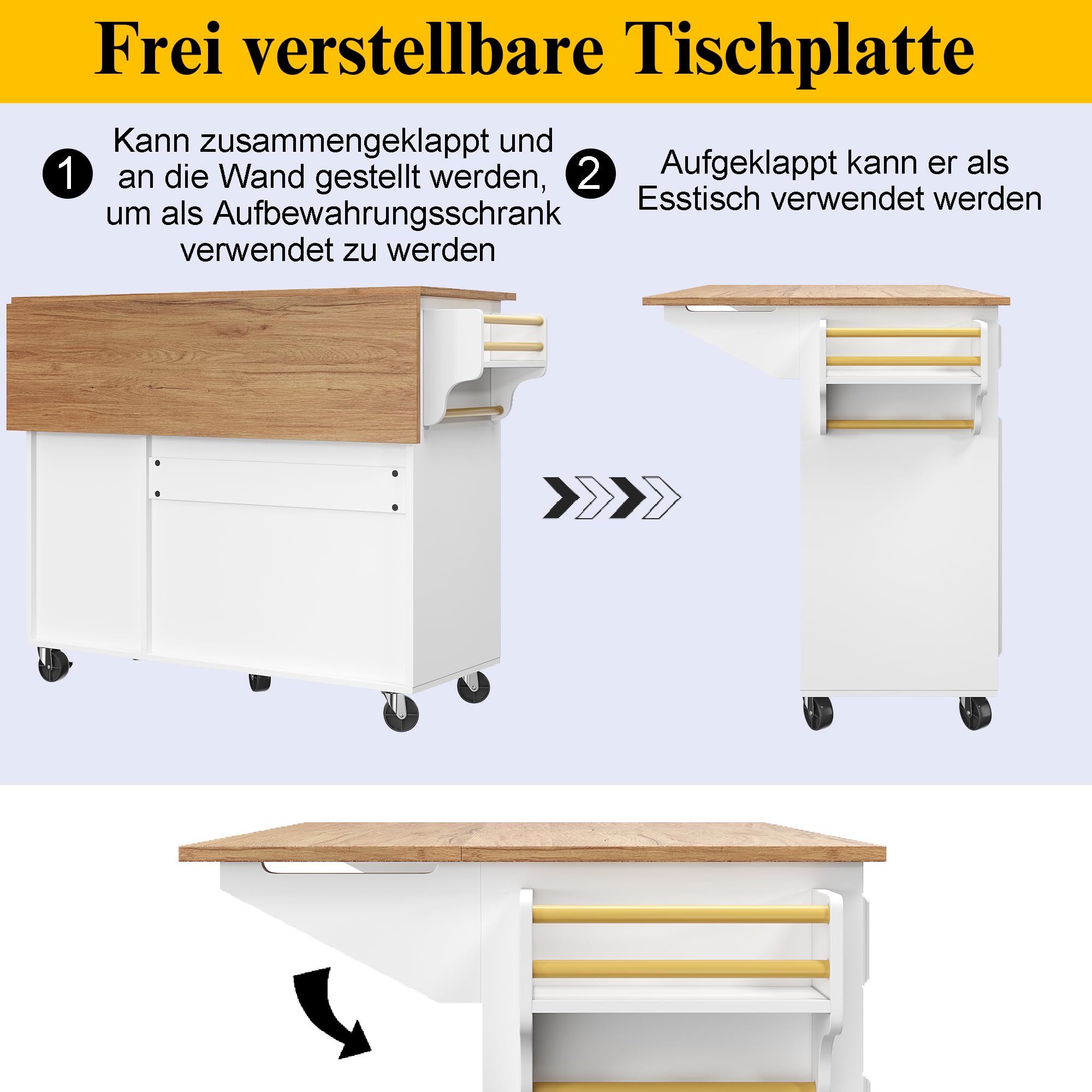 Küchenwagen, Kücheninsel mit Arbeitsplatte klappbar, Modern Küchenschrank, Servierwagen Buffetschrank mit Rollen und Handtuchhalter, Küchensiland mit 4 Schubladen, 2 Türen,110×45-75×92cm (Weiß)