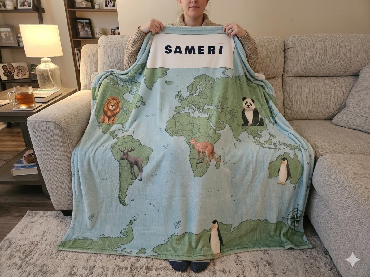 Personalized World Map Baby Blanket with Custom Name, Animal Adventure Nursery Decor, Ultra Soft Plush Fleece Toddler Travel Throw 50x60, Unique Newborn for Boys Girls