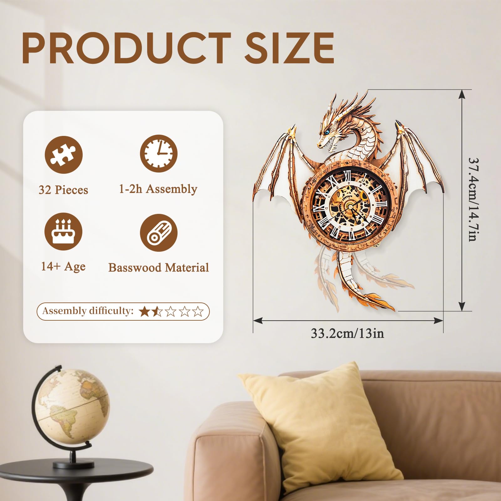 Cutywood Puzzle 3D In Legno Per Adulti – Orologio Funzionale Con Motivo Aquila (32,9x38,4 Cm) - 2
