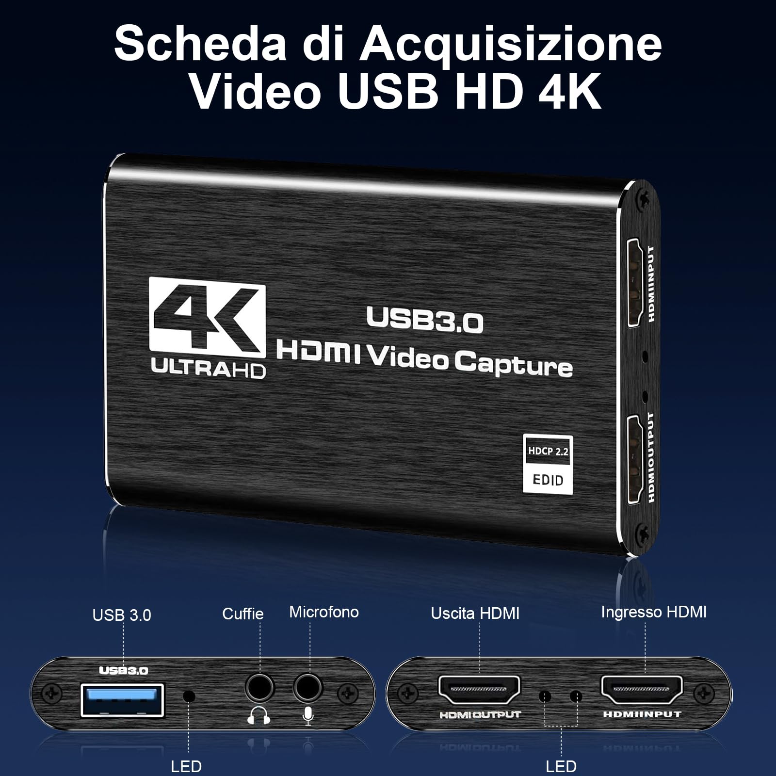Scheda di Acquisizione Video 4K HDMI USB 3.0-1080p 60fps/2k 30fps Loop-Through - Compatibile PS5, Xbox Series X/S, PC, OBS - Per Streaming & Gaming Nero