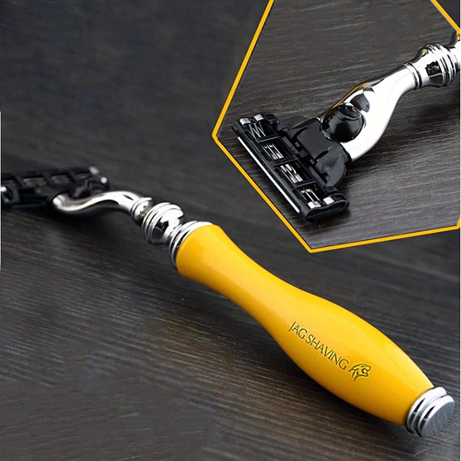 Jag Shaving Yellow męski zestaw do golenia 3 Edge, brzytwa, pędzel do golenia, stojak do golenia i miseczka do golenia