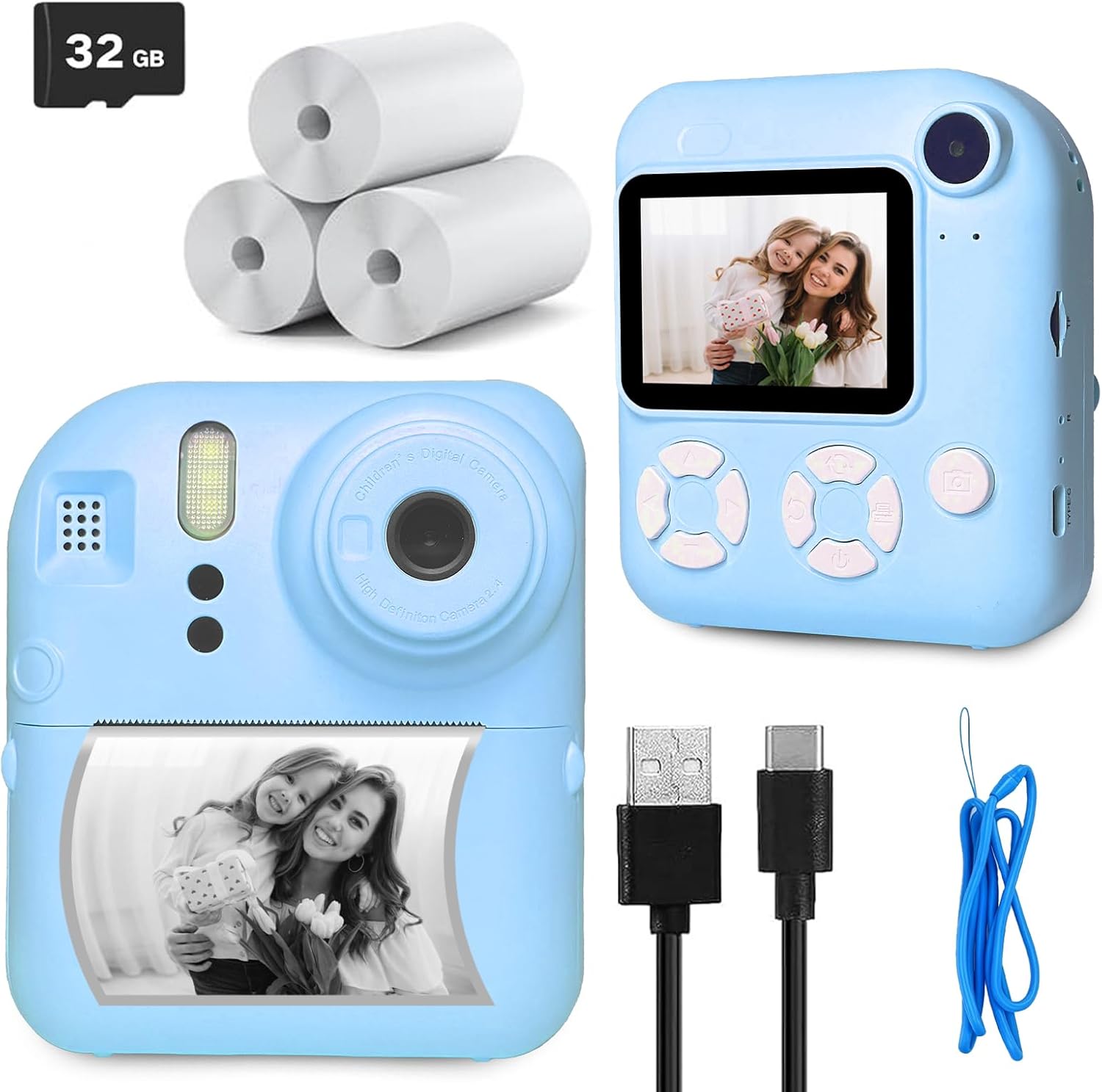 Instant Print Camera for Kids, Christmas Birthday Gifts for Kids Ages 3-12, 16X Zoom,1080P Vedio Selfie Digital Camera,Toddler Portable Toy for Girls and Boys with 32GB TF Card (Blue)