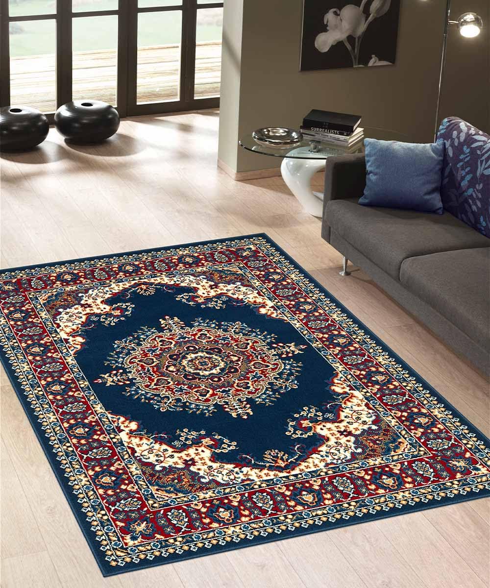 Alfombra económica persa oriental de estilo clásico, para salón y dormitorio 4480 azul 140x200 cm