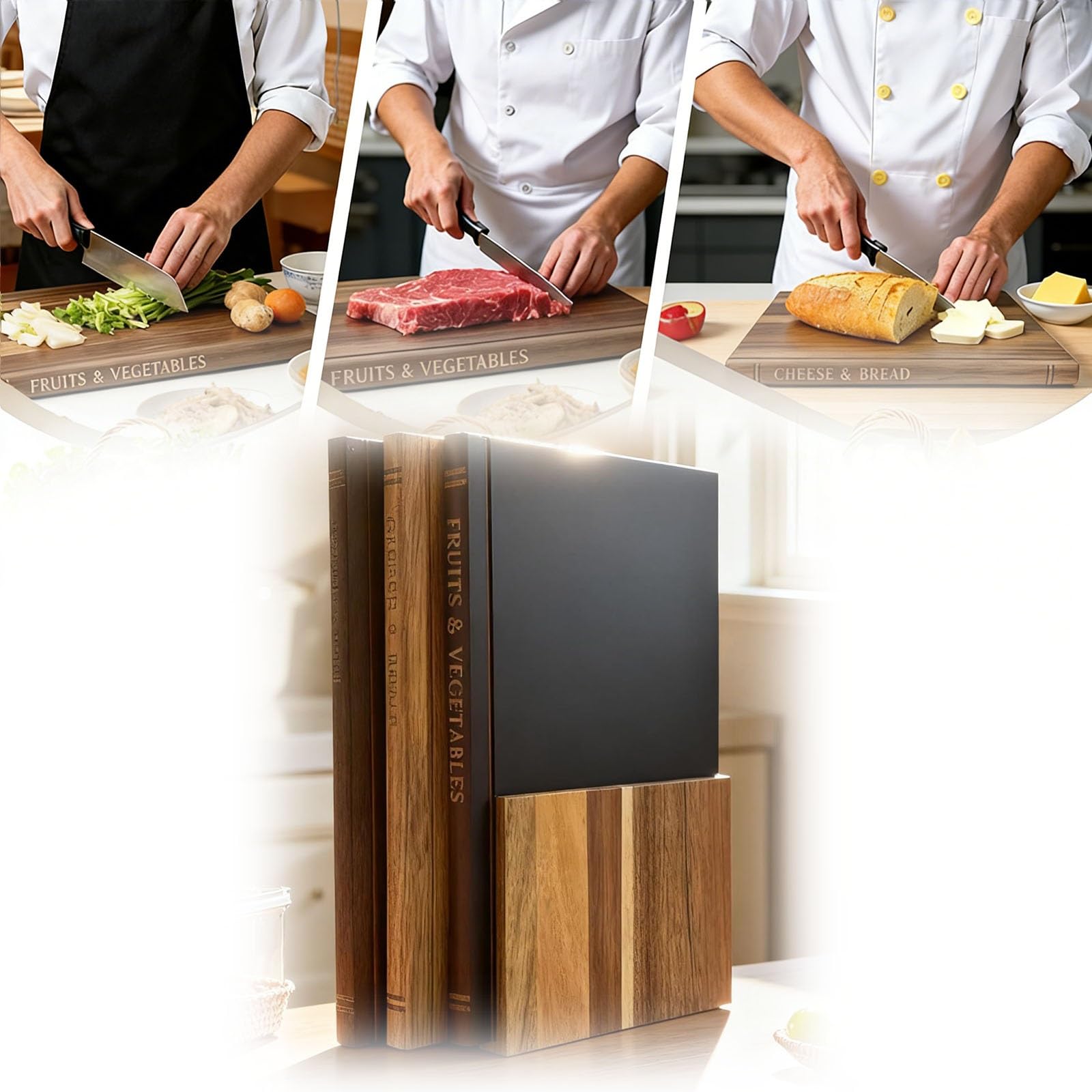 Set di 3 taglieri in legno massello con supporto, reversibili e facili da riporre, ideali per carne, formaggio e pane. Taglieri decorativi da cucina