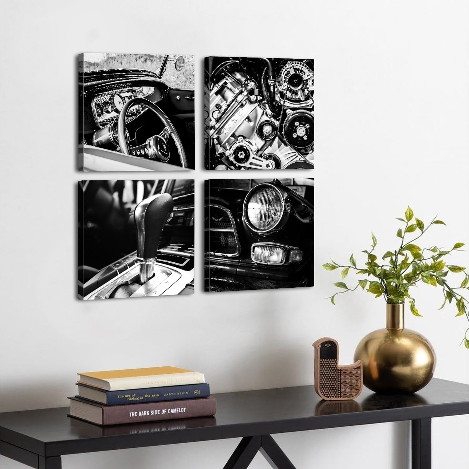 Black and White Car Wall Art Car Posters for Mens Bedroom Office Decor Vintage Vehicle Canvas Prints for Boys Room Wall Decor Retro Classic Cars Engines Painting Artwork Home Decoration 12x12" 4Pcs