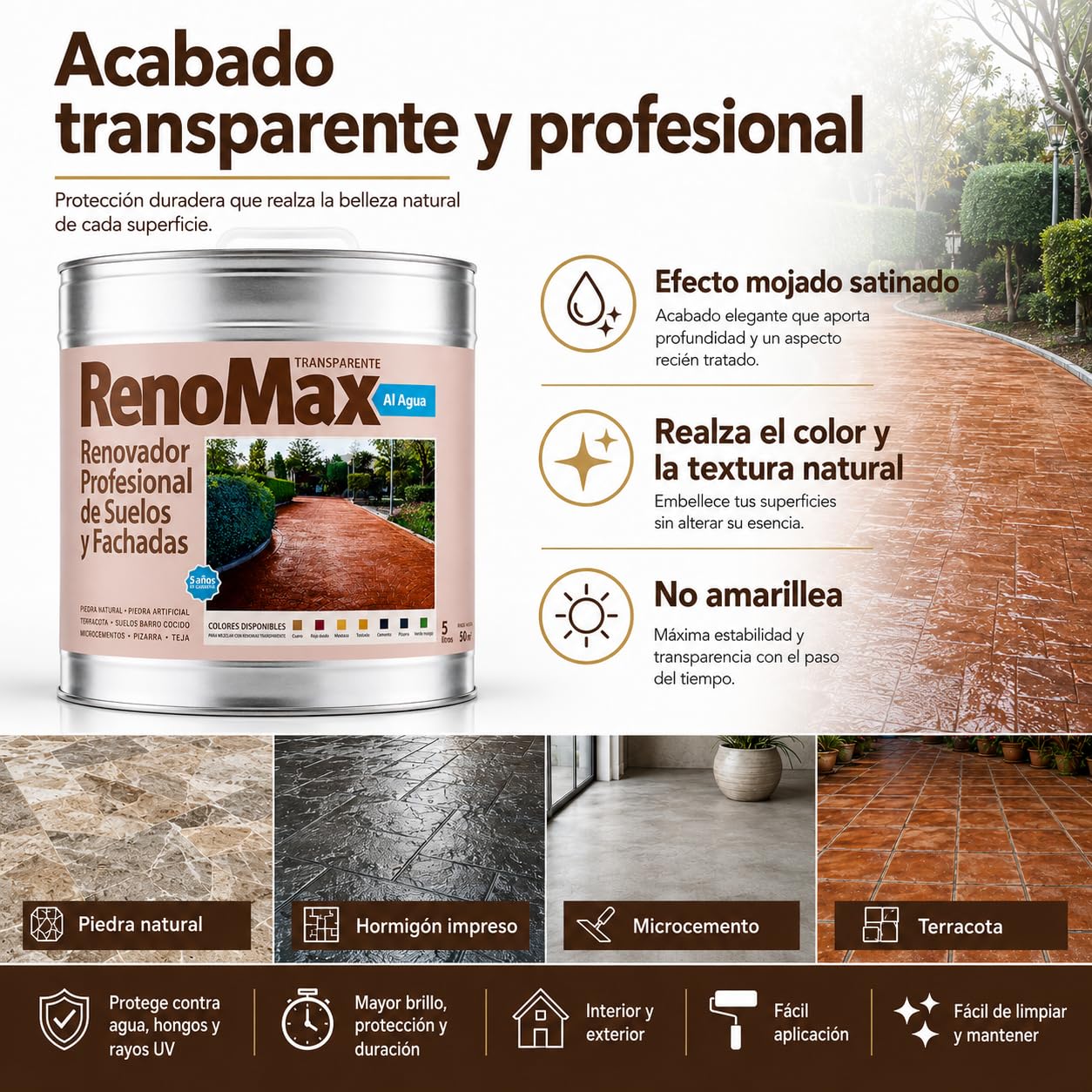 Renomax - Resina Hormigon Impreso y Superficies Porosas Al Agua, 15L Cubre hasta 150m² | Repara, Renueva, Protege y Embellece Suelos y Fachadas | Resina Hormigon Fácil de Aplicar, Garantía 5 Años