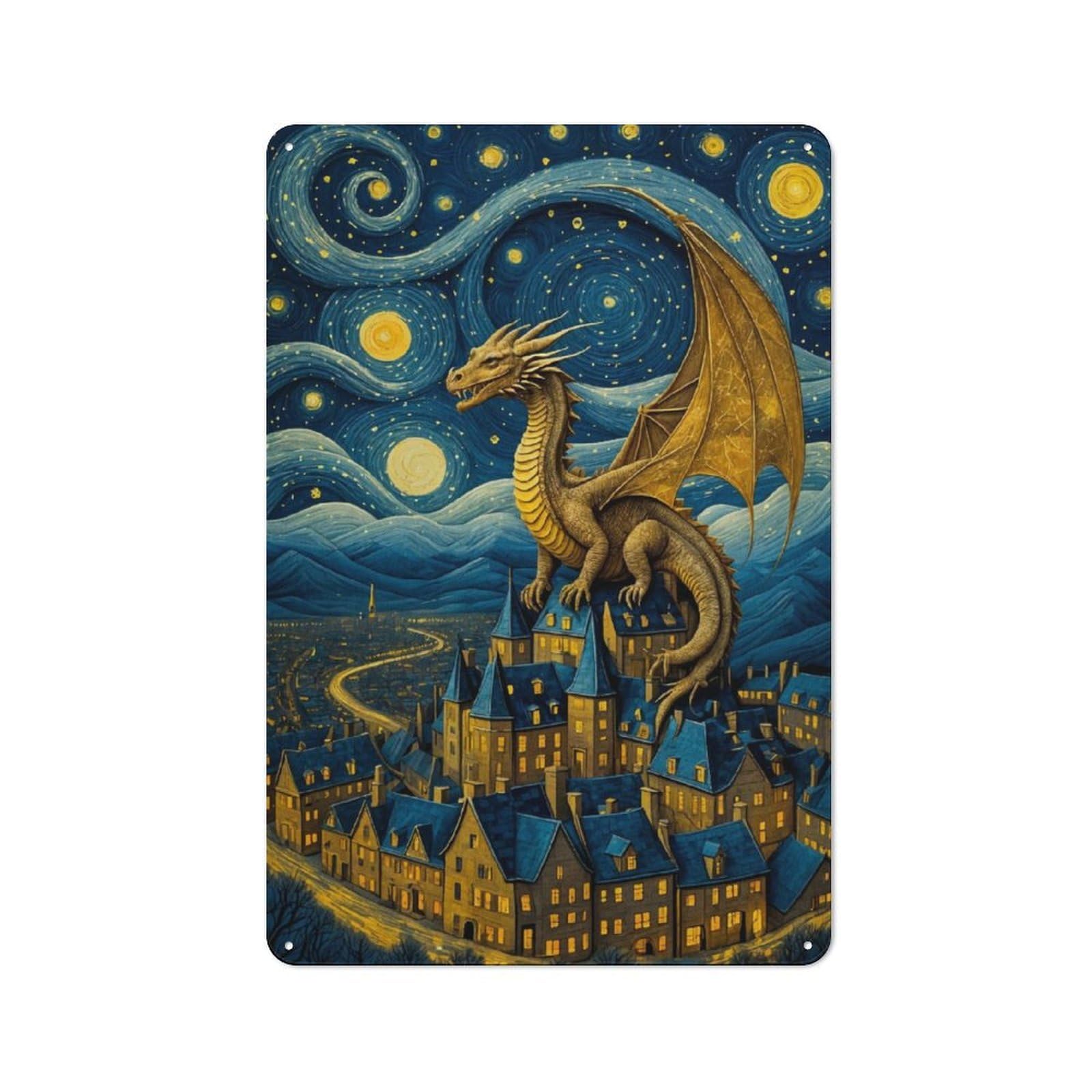 Junmoney Dragon Van Goghs Starry Metal Plaque With Design 30X20cm, Retro Kitchen Wall Decor For Bakery, Diner, Cafe Or Family Room