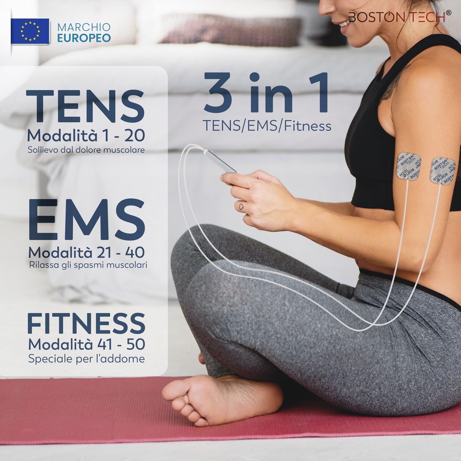 Boston Tech® Elettrostimolatore Muscolare | 3 in 1: TENS EMS Fitness | Sollievo Efficace dal Dolore + Allenamento | 2 Canali + 50 modalità + 16 Livelli di Intensità + Include Custodia + 4 Elettrodi