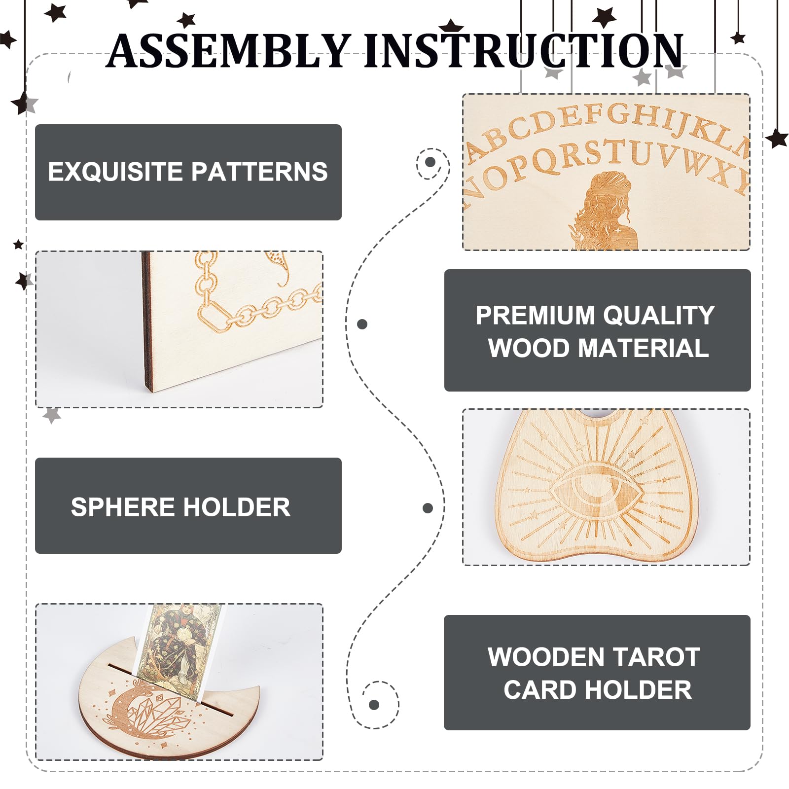 CREATCABIN Kit Tavola Spiritica 4 Pezzi In Legno Con Planchette, Porta Carte Tarocchi E Cristallo Rosa Per Divinazione E Stregoneria