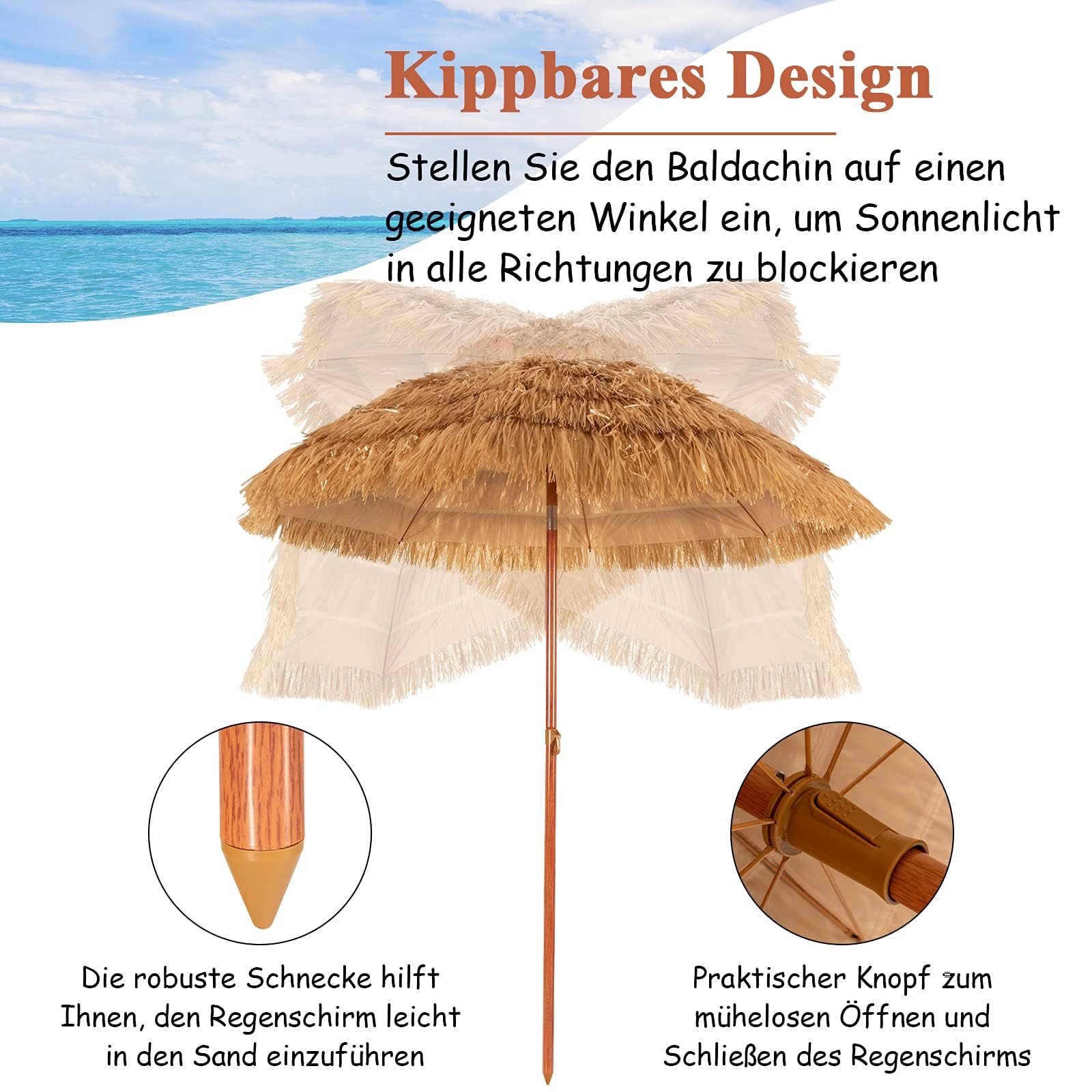 GOPLUS Muebles de Exterior de 2 Piezas, Tumbona Plegable en 5 Posiciones, 190 x 57,5 x 29 – 84,5 cm, 2M Sombrilla Paja de PP con 8 Varillas para Piscina, jardín (Negro, 1 Tumbona+1 Sombrilla)