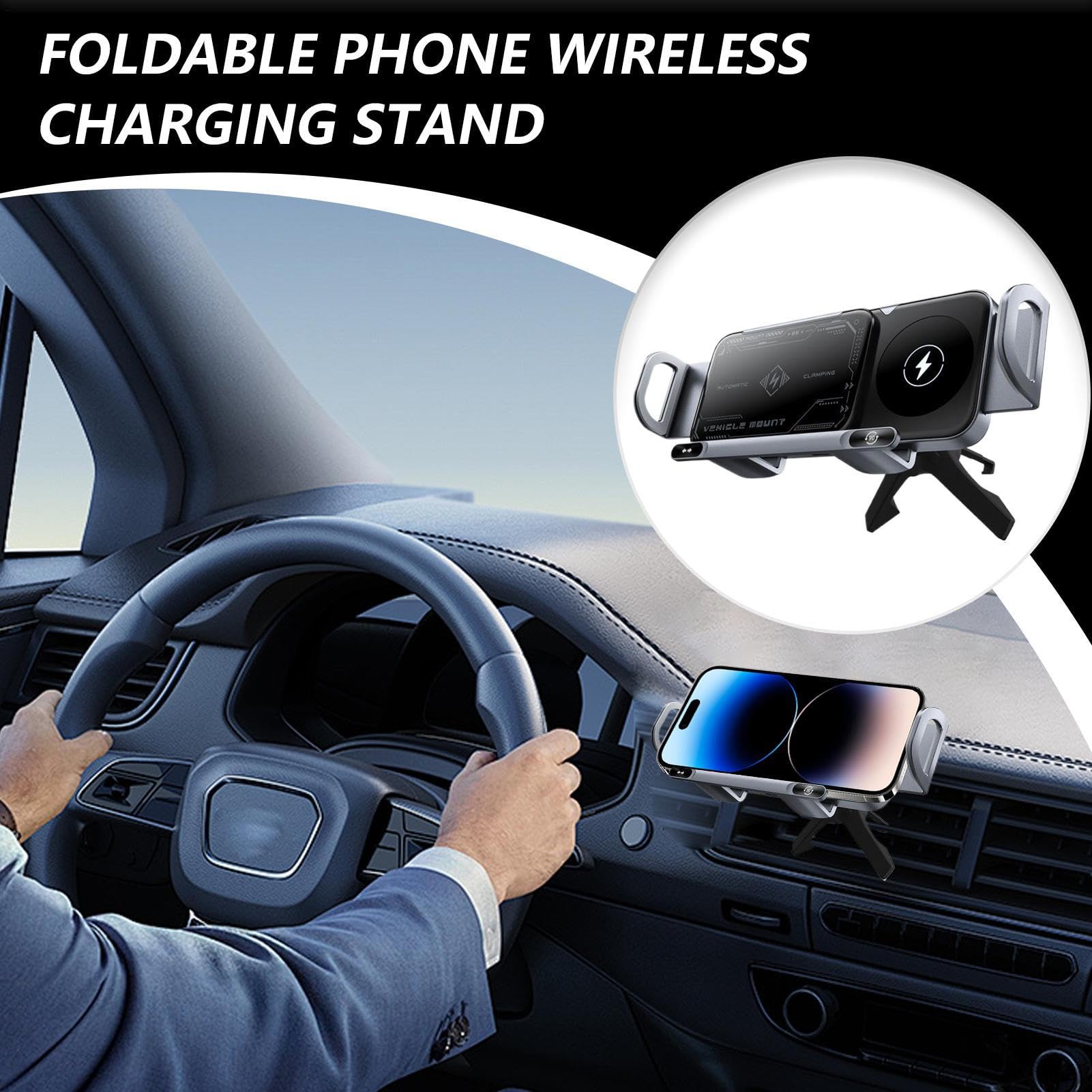 Caricatore Wireless per Auto Supporto Telefono per Veicoli | Supporto Smartphone Piegevole, Ricarica 15W Doppia Bobina per Auto