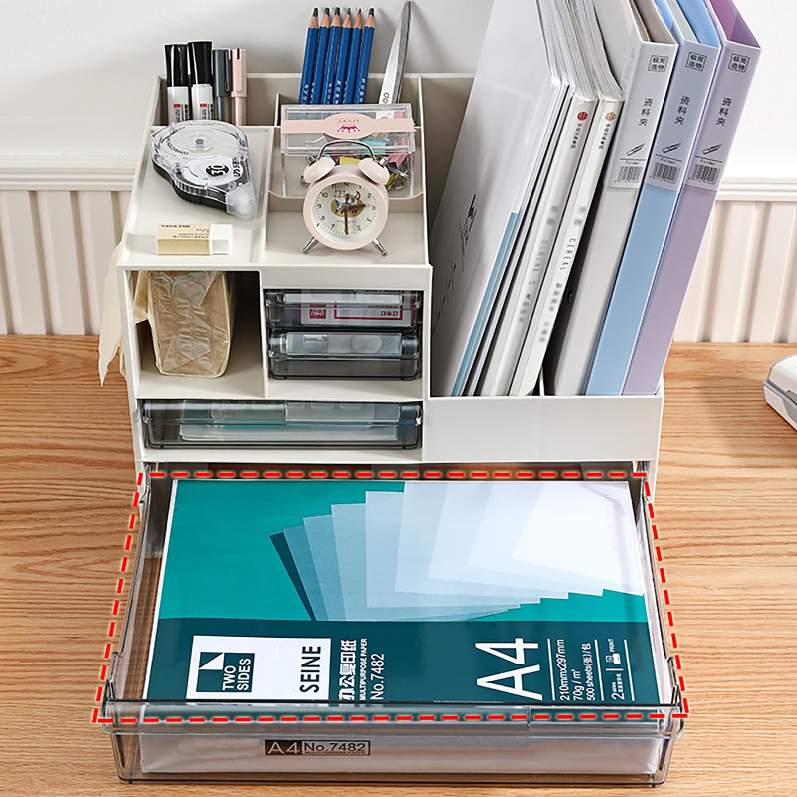 Organizer da scrivania con portapacchi, organizer in carta bianca con cassetto, organizer per penne, fazzoletti, biglietti da visita, calcolatrici, 34 x 25,5 x 24,5 cm