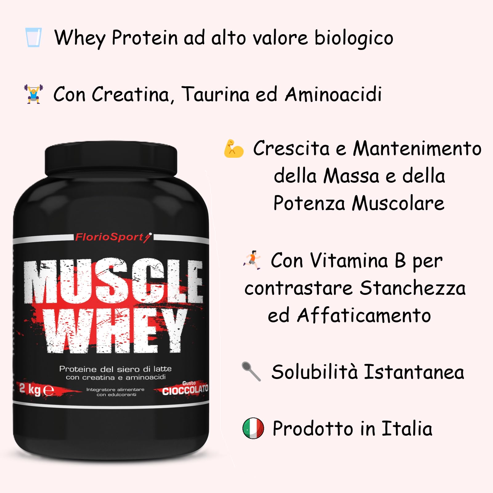 Muscle Whey FlorioSport®, 2 Kg Proteine del Siero Latte con Creatina Taurina Aminoacidi Whey Proteine Per la crescita ed il mantenimento della massa muscolare (Vaniglia)