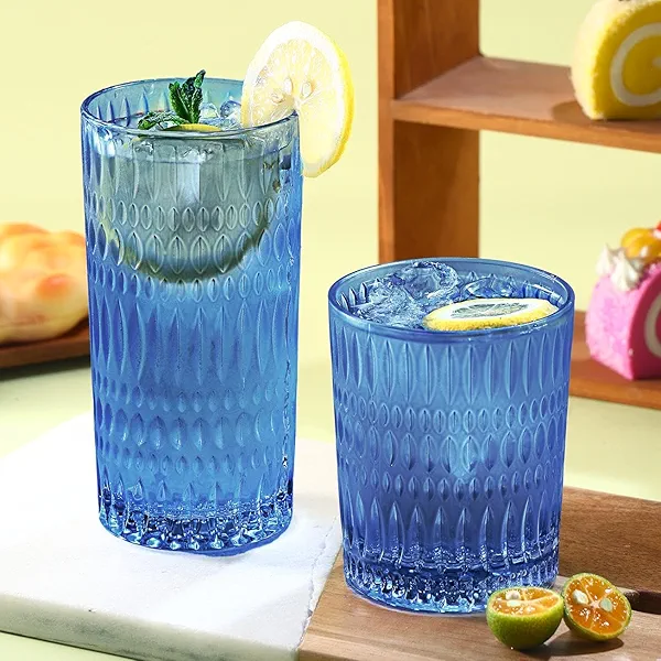 Loivttvv Glassware Drinking Glasses Set of 8, 14 oz Highball Glasses & 10 oz Ribbed Glass Cups, Vintage Glassware for Water, Juice, Cocktail, Whiskey (Blue)