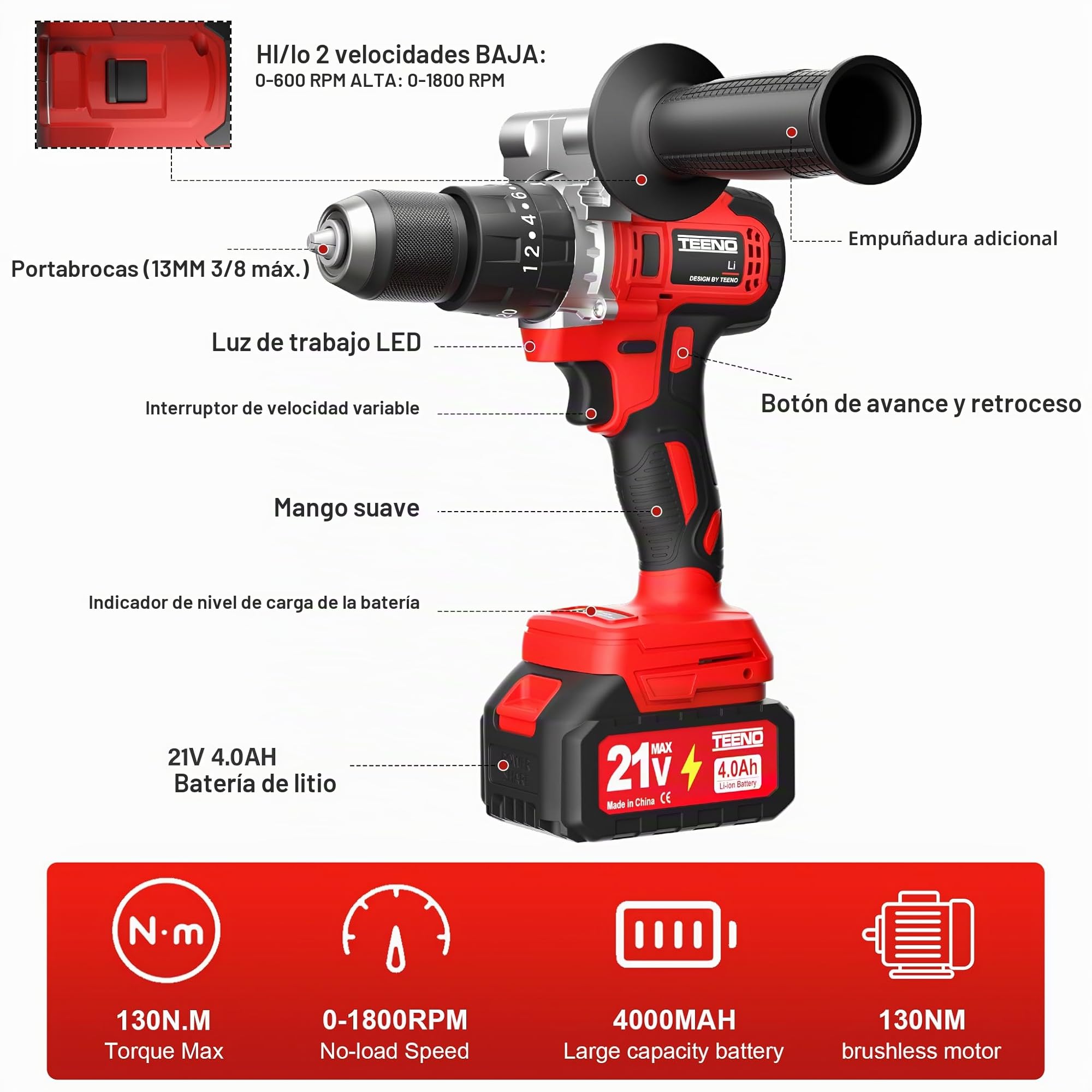 TEENO Taladro Atornillador Inalámbrico para Batería Makita de 21V 2 * 4,0 Ah Baterías,130 Nm Taladro Percutor Bateria,20+3 Configuraciones de Par,2 Velocidades, LED,76 Accesorios y Maletín