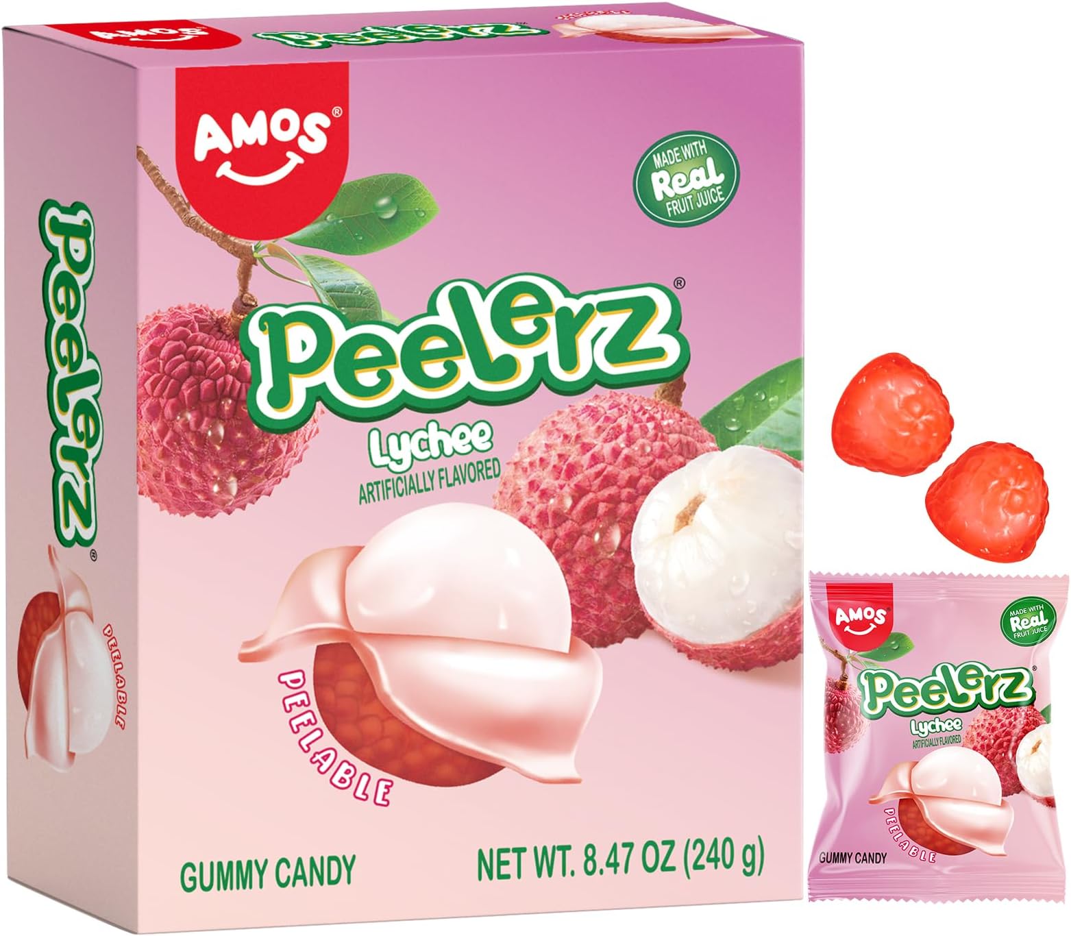 AMOS Peelerz Lychee Gummy Candy, Peelable Fruit-Shaped Candy, 8.47oz Box with...