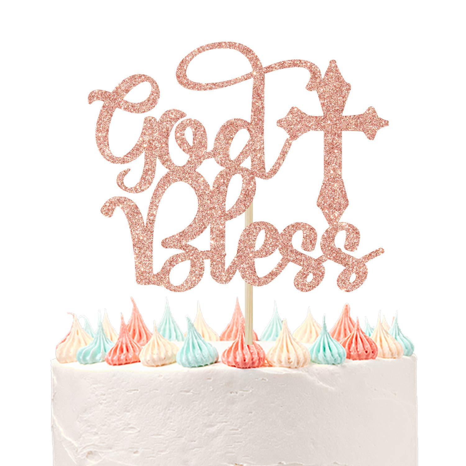 God Bless Cake Topper, Bless This Child, Birthday First Communion Baby Shower Party Decorations Rose Gold Glitter.