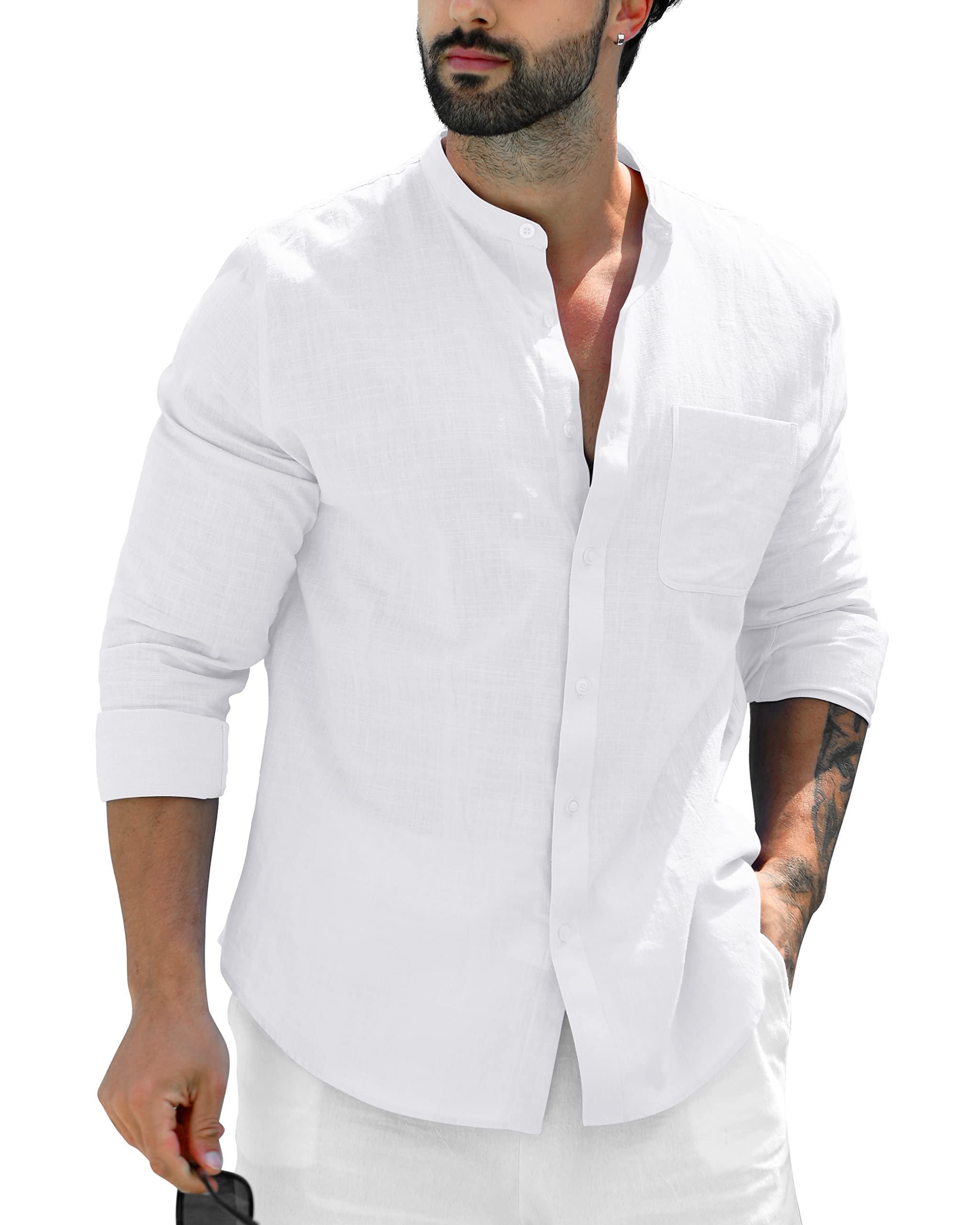 Thin White Linen Shirt Men S Collarless Banded Chinese No