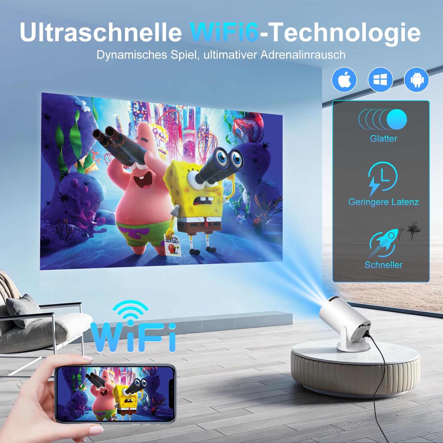 Salange Mini Beamer Unterstützt 4K, Android 14 mit Apps,Smart Projektor Tragbarer mit 5G WiFi 6 und Bluetooth 5.4,Klein Portable Beamer Auto Keystone 8000L 270°Dreh, Heimkino Outdoor,Weiß