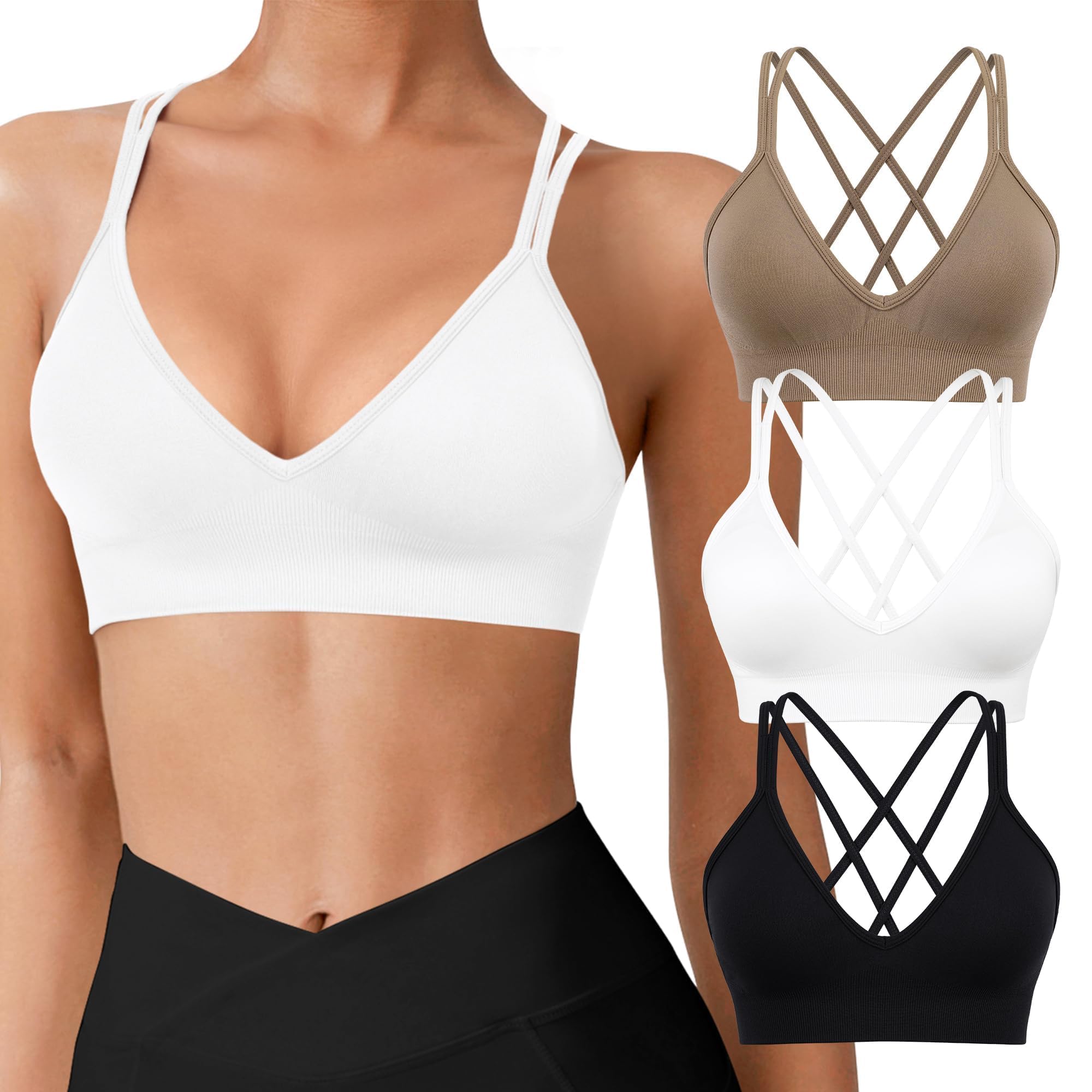 VEQING Seamless V-Neck Women Sports Bras, Padded Cross Back Wireless Low Impact Workout Yoga Bras for Small Chests, 3 Pack