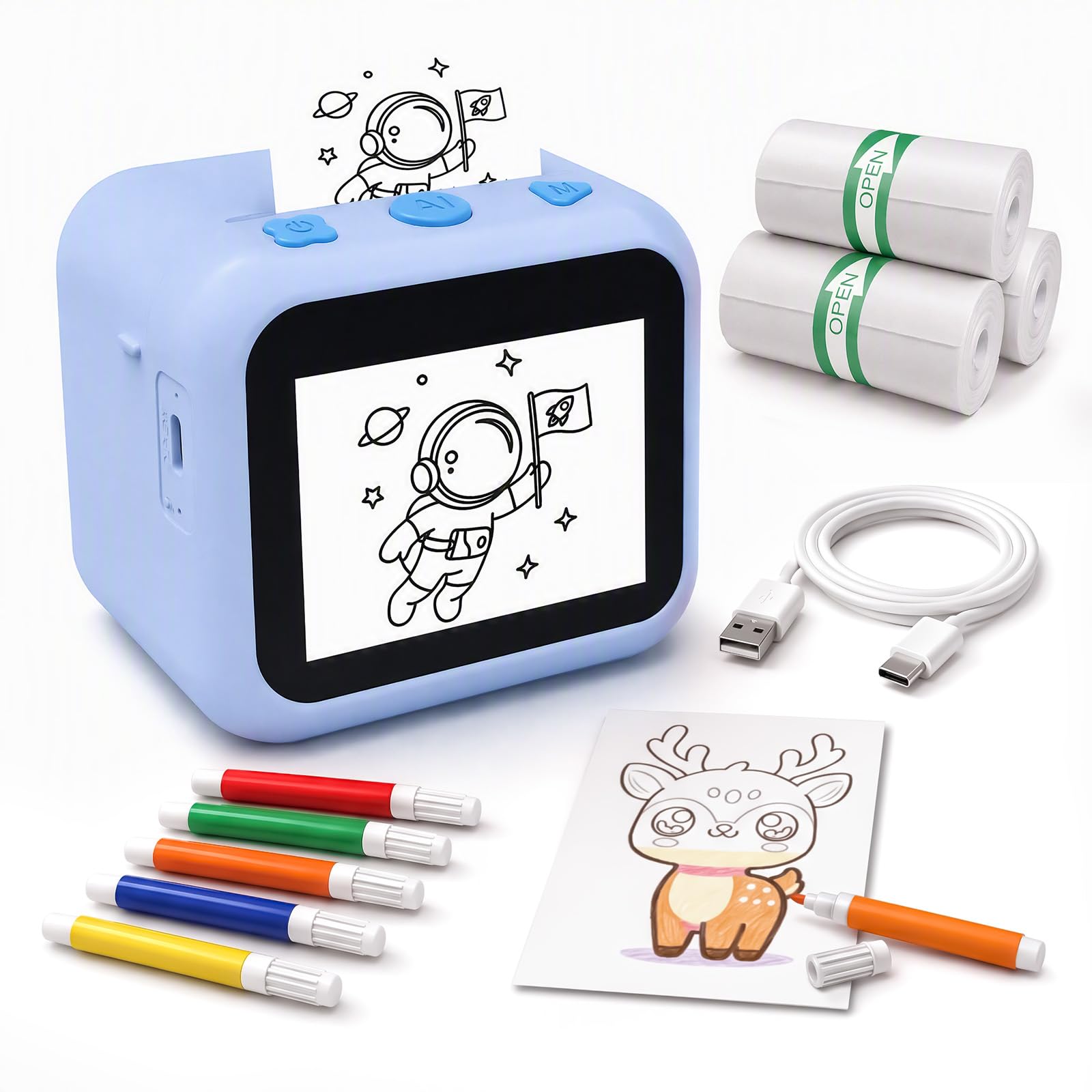 HiMont AI Voice Sticker Maker for Kids, Inkless Thermal Sticker Printer, Mini Portable Sticker Maker Machine with 3 Paper Rolls & 5 Color Pens for DIY Crafts, Gift Toy for Girls Boys Ages 3+ (Blue)
