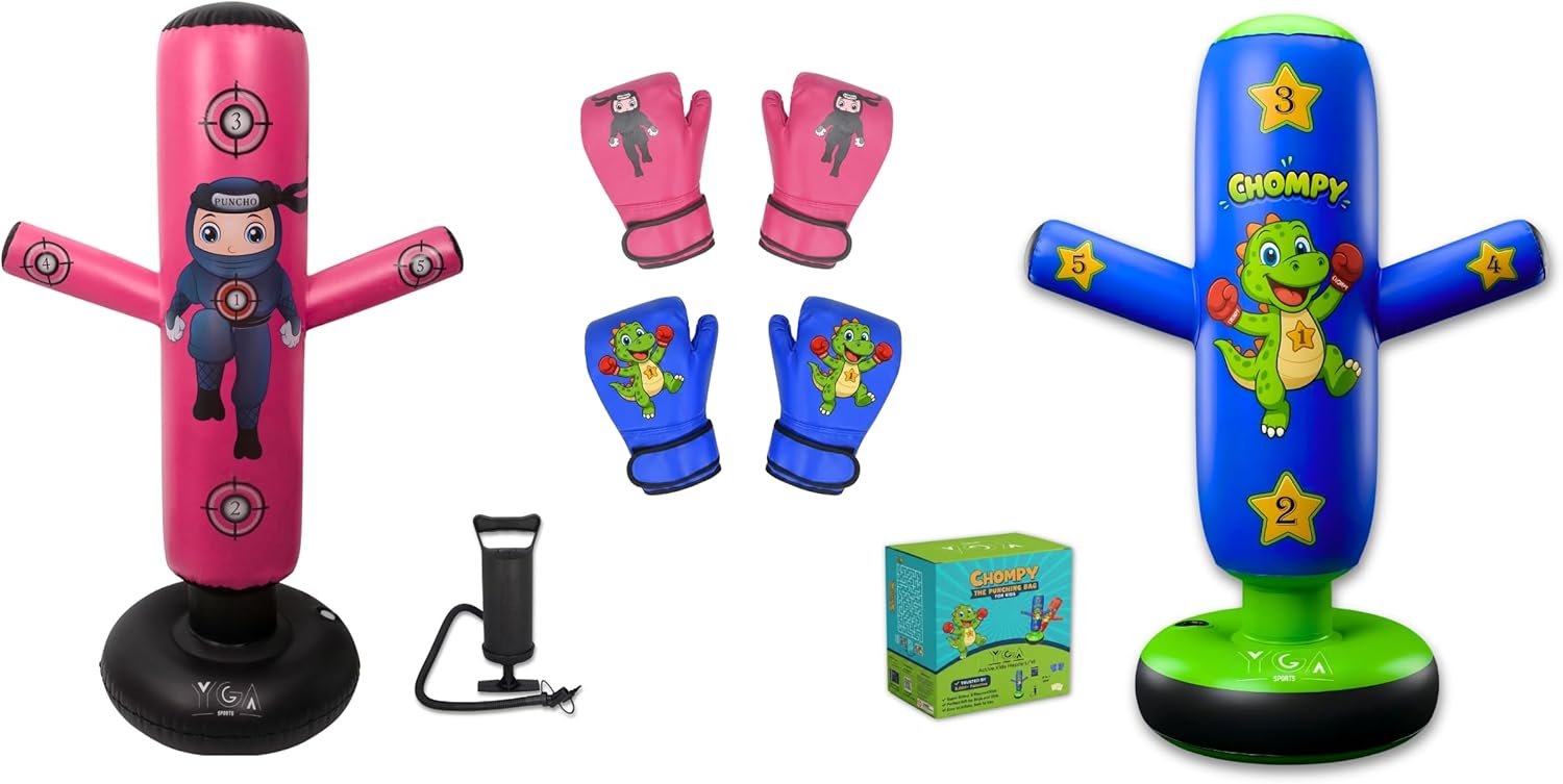 Boys & Girls Boxing Sets - 1 Blue CHOMPY Dino (48") + 1 Pink PUNCHO Ninja (63") Punching Bags for Kids - Complete Inflatable Boxing Kit for Ages 3-12 with Gloves, Pumps & Training eBook