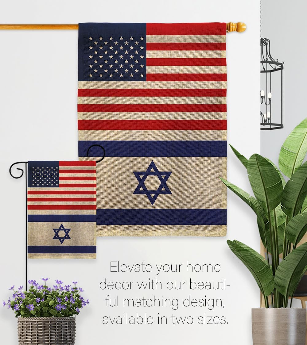 Israeli American Flag Bandera de Israel Burlap Flag Pole Set Home Banner Lawn Yard Sign Room Post Gravesite Stand Cemetery Outdoor Tapestry Grandma Gifts Grave Decor Jewish Decorations Made in USA