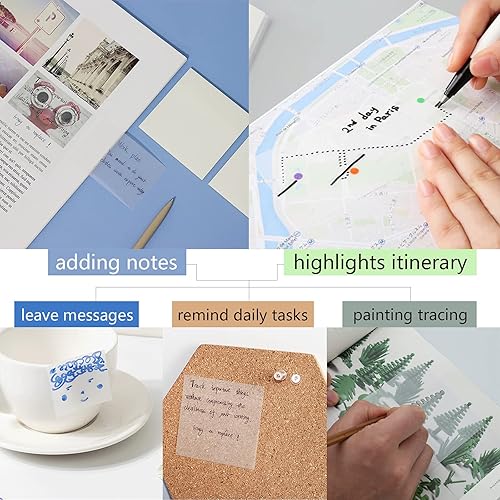 Miniatura 4 de INKOPVA - Bloc de notas adhesivas transparentes, paquete de 10 unidades, 50 hojas por bloc, impermeable, repetible, translúcido, autoadhesivo,