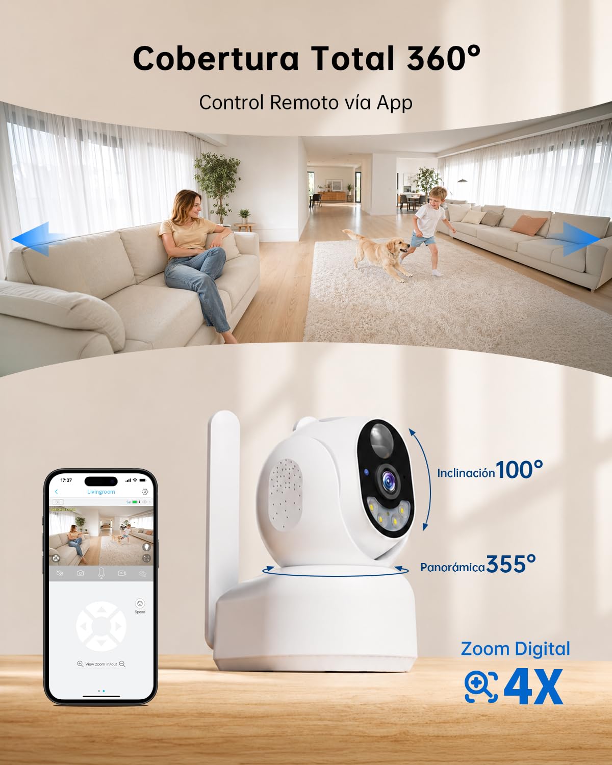 NUASI 4G LTE Camara Vigilancia Interior con Tarjeta SIM Inalámbrica, 2K HD | 360° PTZ IP Cámara de Seguridad con Batería, sin WiFi, Visión Nocturna a Color, Detección de PIR, Audio Bidireccional, IP66